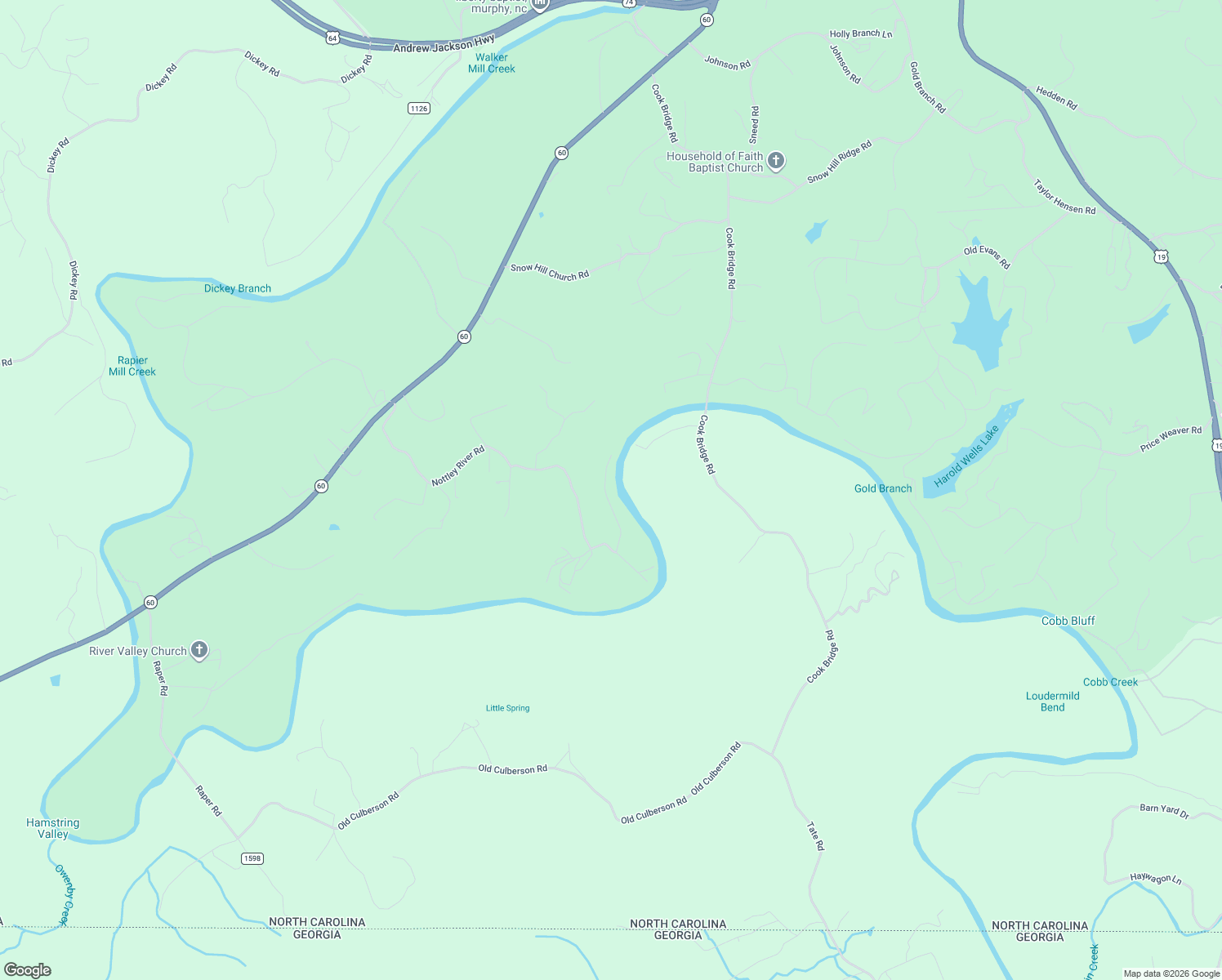 map of restaurants, bars, coffee shops, grocery stores, and more near 827-1355 Nottley River Road in Murphy