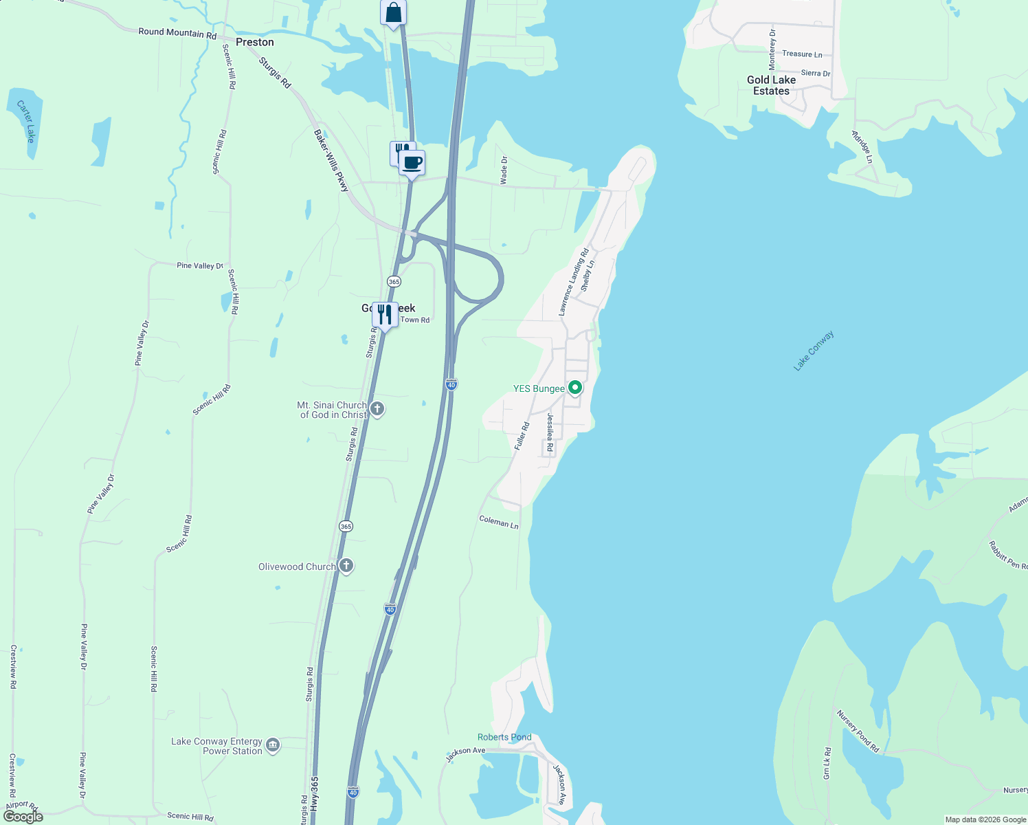 map of restaurants, bars, coffee shops, grocery stores, and more near 24 Fuller Road in Conway