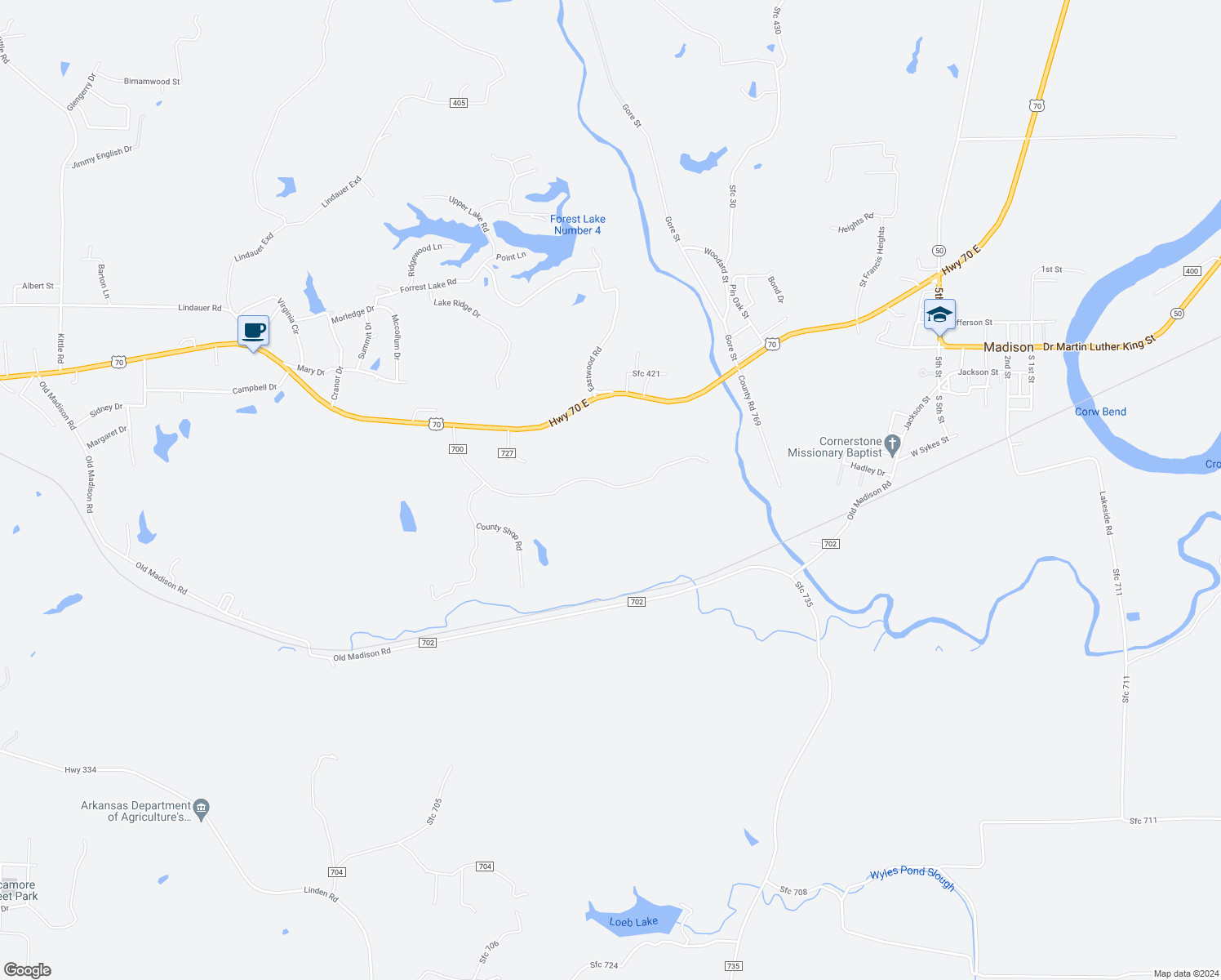 map of restaurants, bars, coffee shops, grocery stores, and more near 598 Saint Francis Co Shop Road in Forrest City