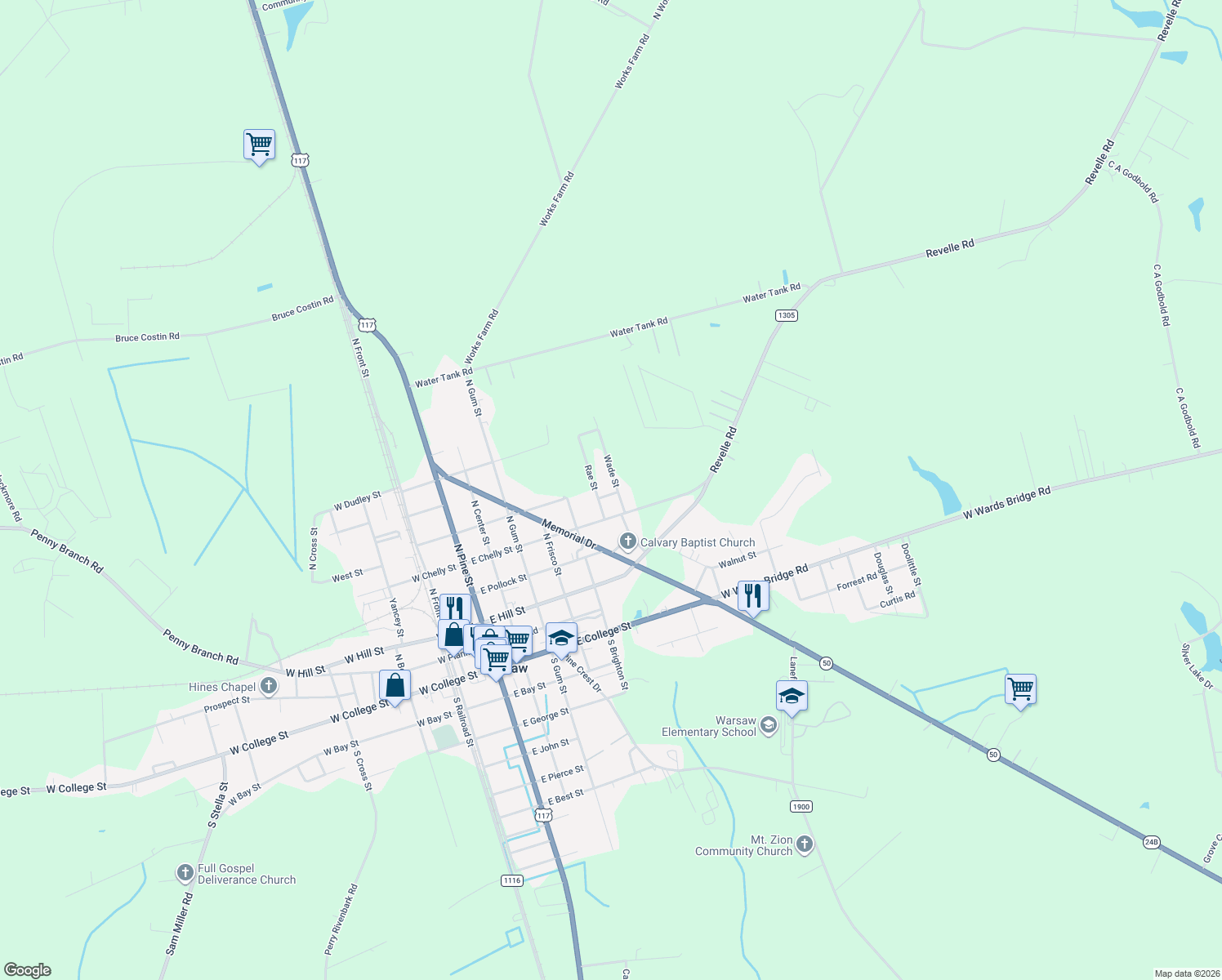map of restaurants, bars, coffee shops, grocery stores, and more near 111 Short St in Warsaw