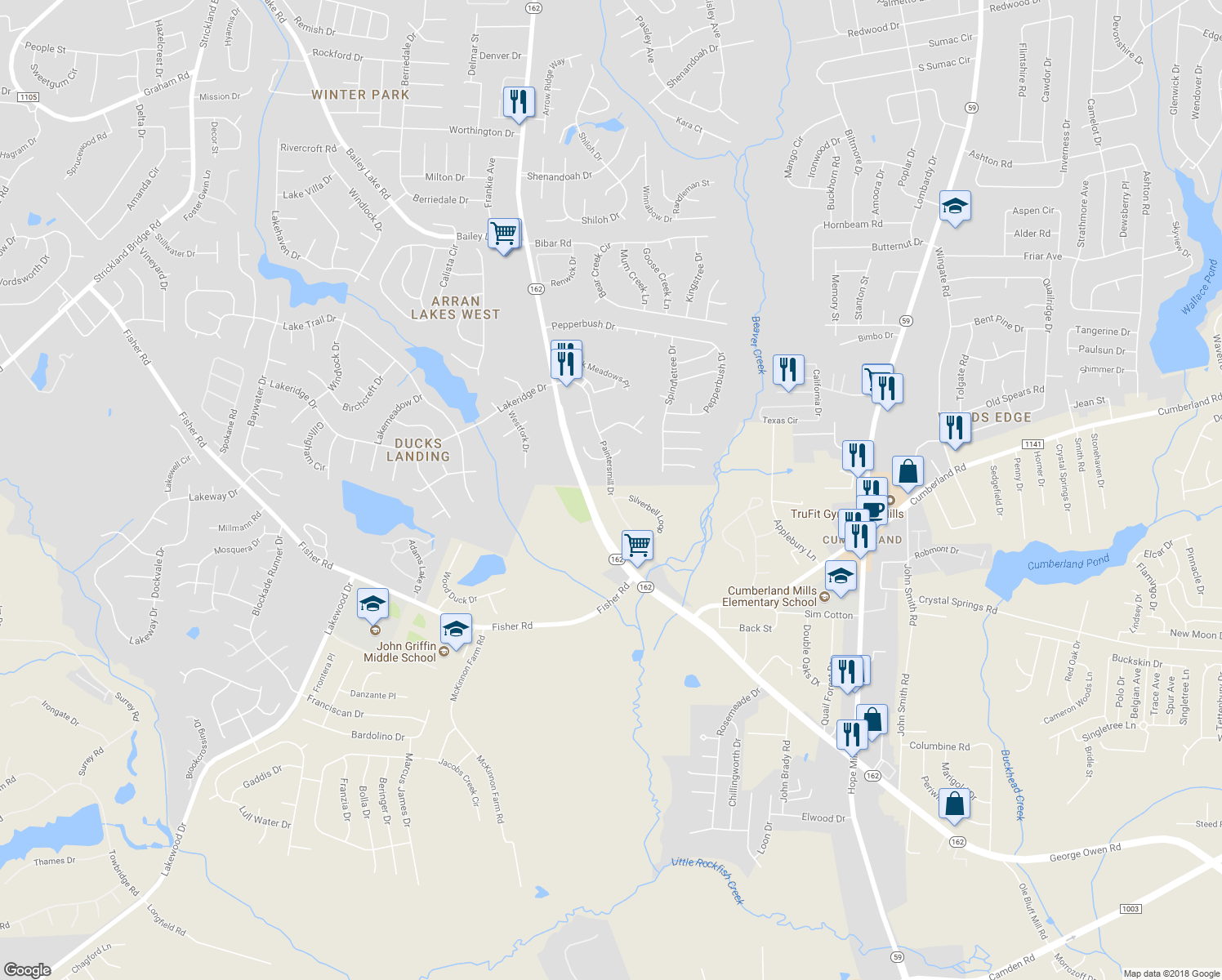 map of restaurants, bars, coffee shops, grocery stores, and more near 2409 Painters Mill Drive in Fayetteville