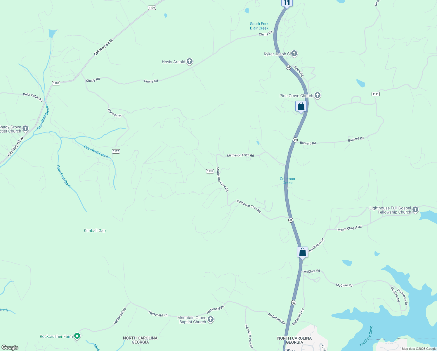 map of restaurants, bars, coffee shops, grocery stores, and more near 856 Matheson Cove Road in Hayesville