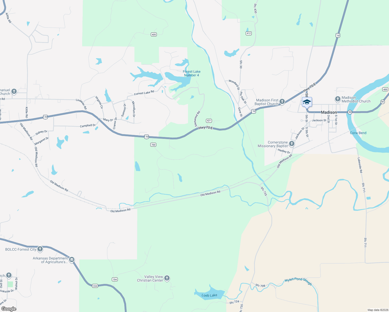 map of restaurants, bars, coffee shops, grocery stores, and more near 598 Saint Francis Co Shop Road in Forrest City