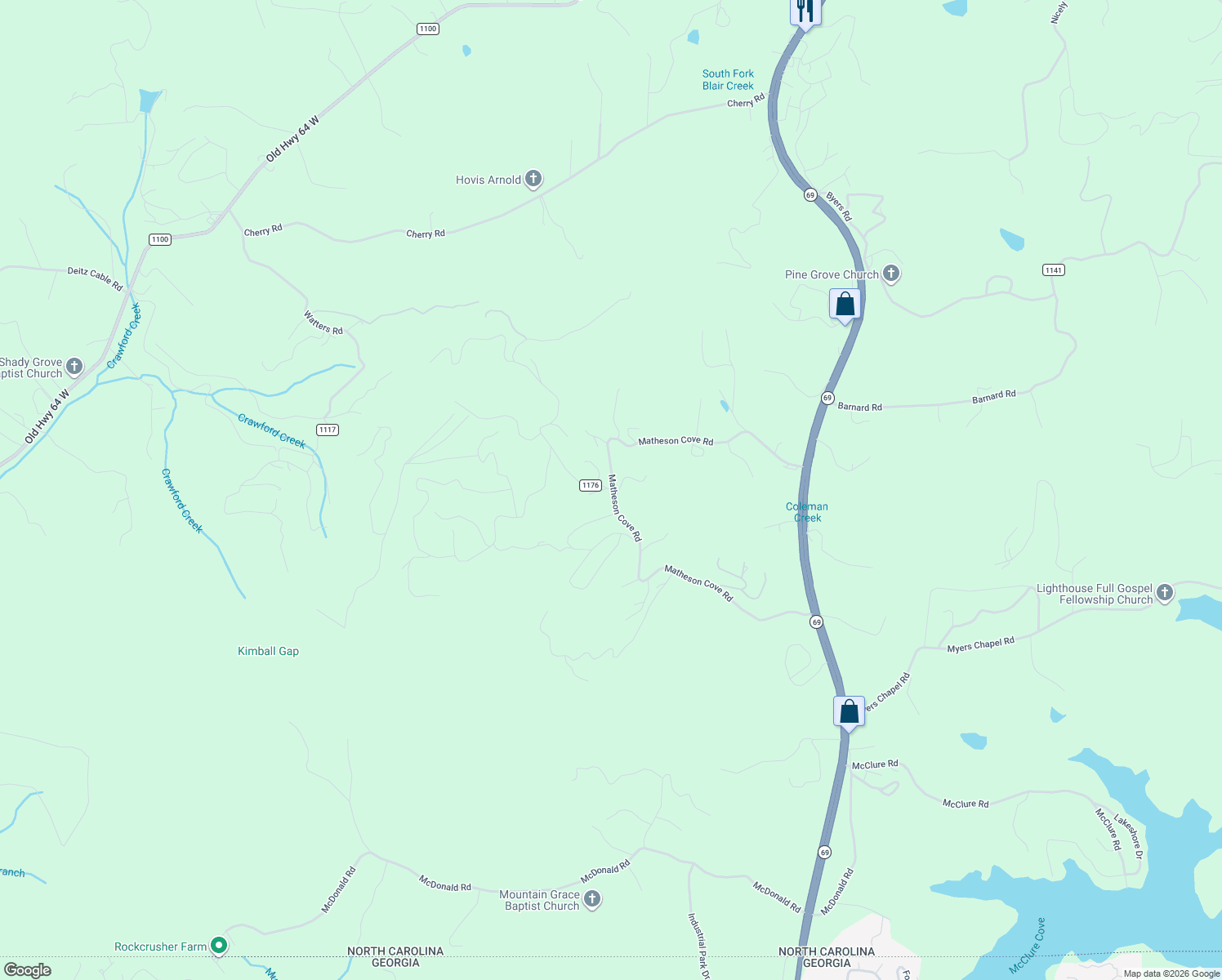 map of restaurants, bars, coffee shops, grocery stores, and more near 856-906 Matheson Cove Road in Hayesville
