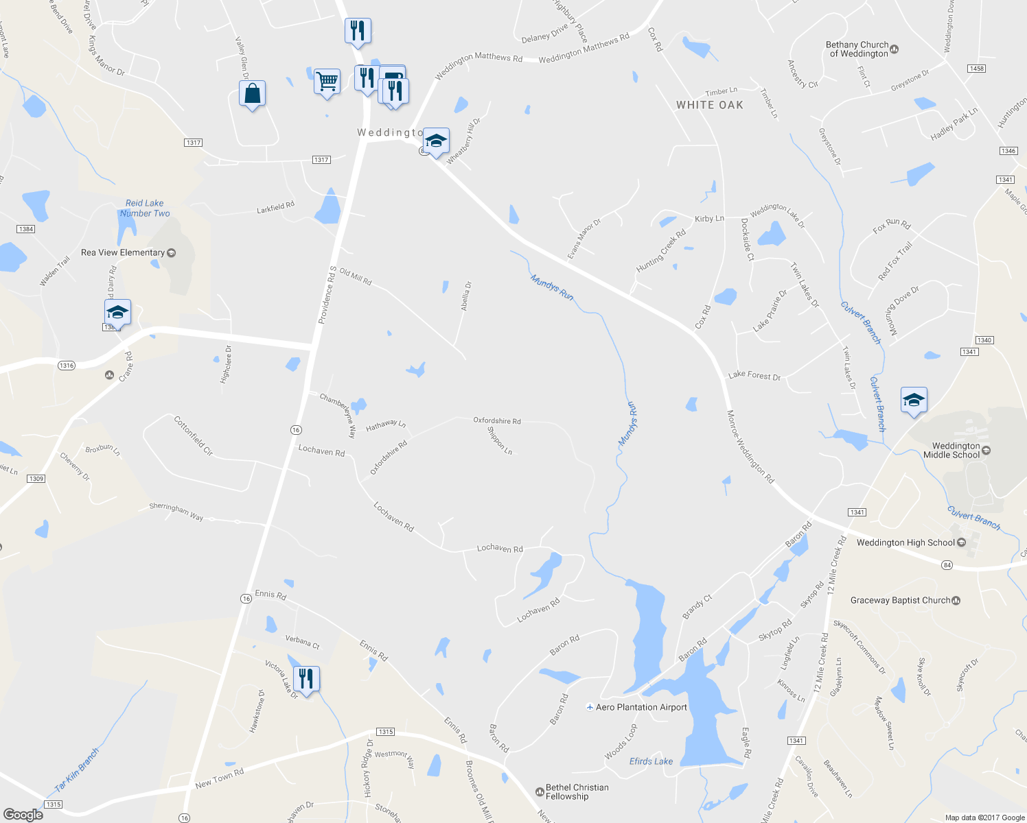 map of restaurants, bars, coffee shops, grocery stores, and more near 6005 Oxfordshire Road in Waxhaw