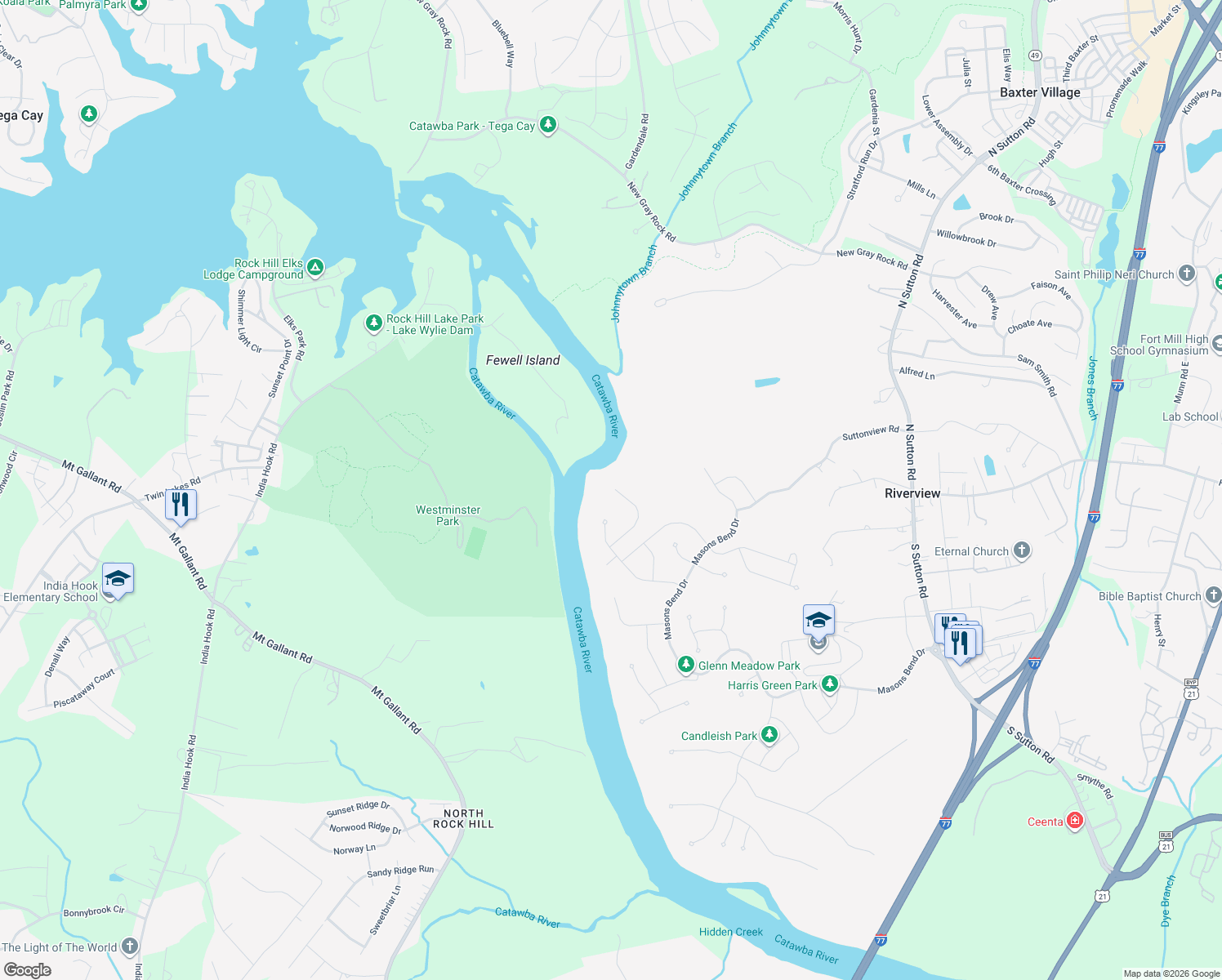map of restaurants, bars, coffee shops, grocery stores, and more near 4405 Upcountry Court in Fort Mill