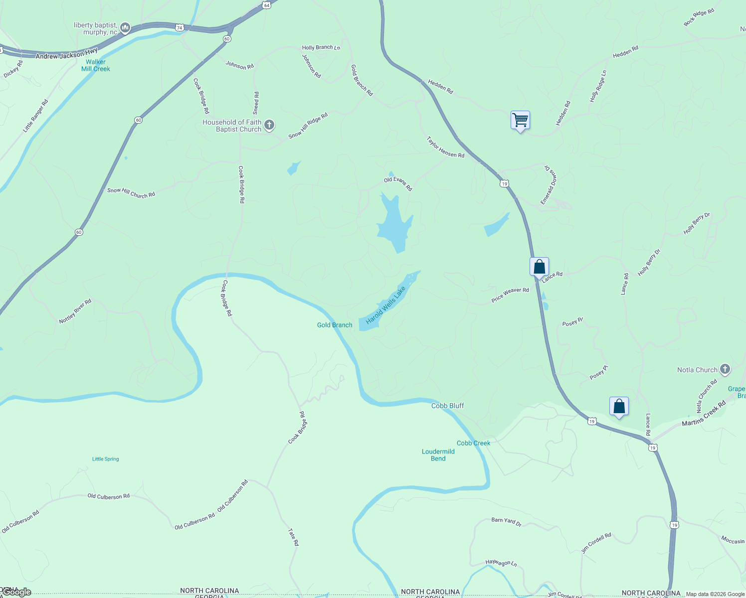 map of restaurants, bars, coffee shops, grocery stores, and more near 1105 Old Evans Road in Murphy