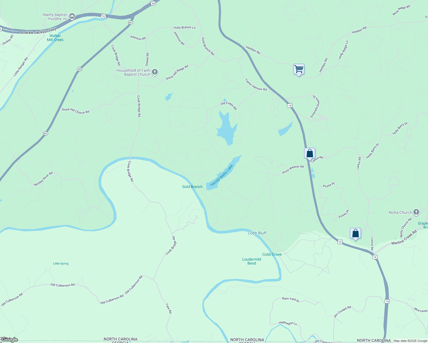 map of restaurants, bars, coffee shops, grocery stores, and more near 1105 Old Evans Road in Murphy