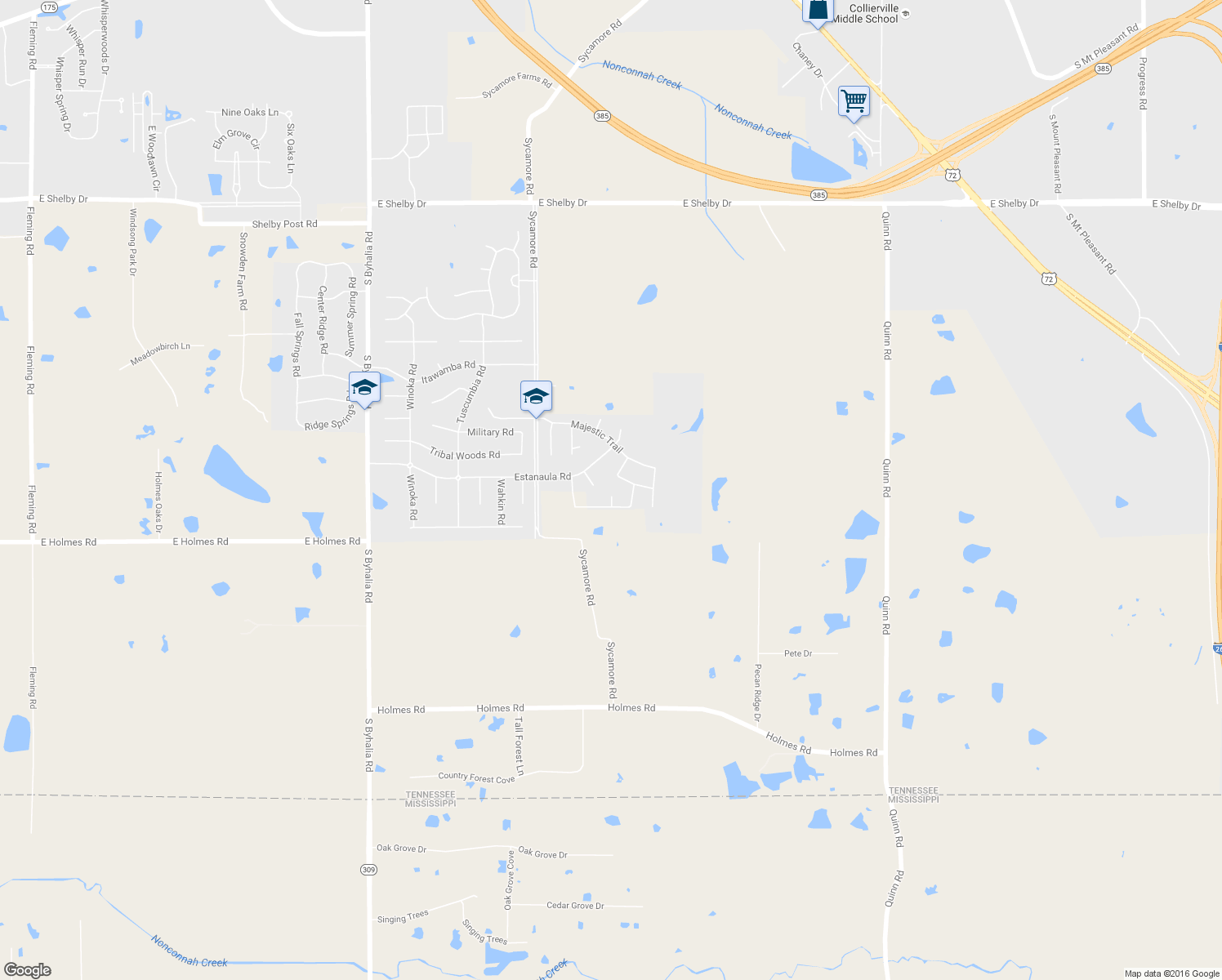 map of restaurants, bars, coffee shops, grocery stores, and more near 1337 Shallow Creek Cove in Collierville