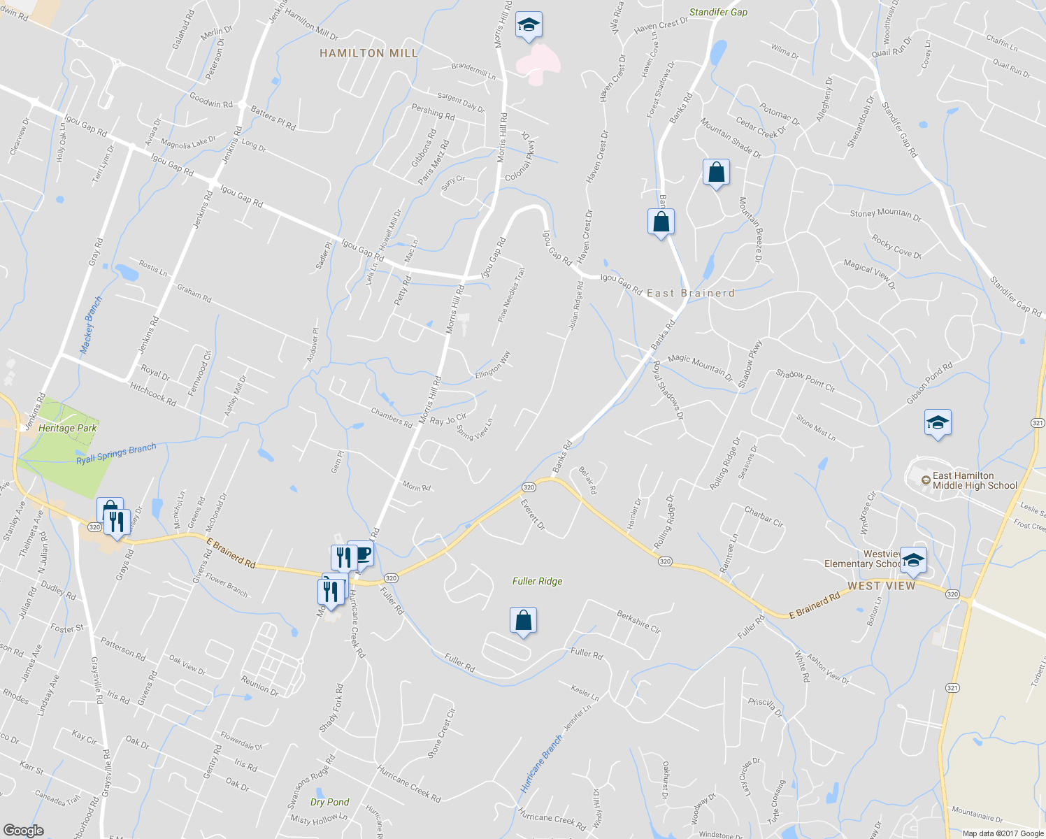 map of restaurants, bars, coffee shops, grocery stores, and more near 8808 Point South Lane in Chattanooga