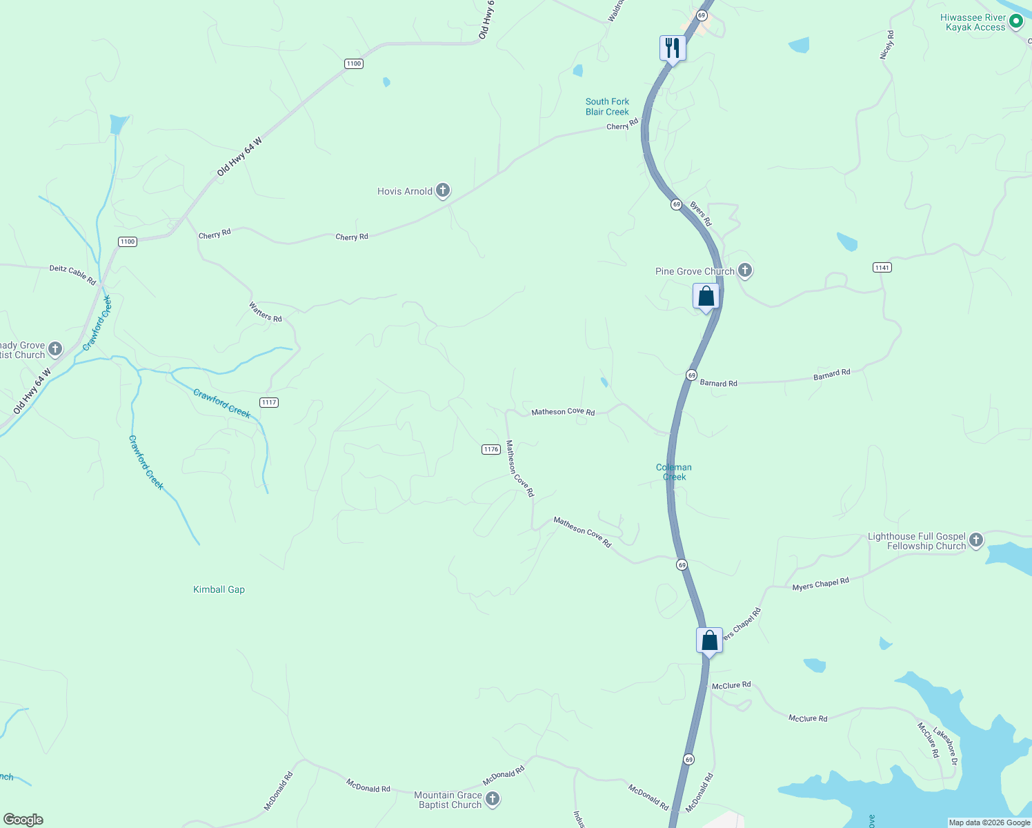 map of restaurants, bars, coffee shops, grocery stores, and more near 676 Matheson Cove Road in Hayesville