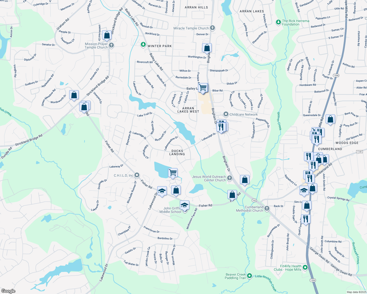 map of restaurants, bars, coffee shops, grocery stores, and more near 6000 Shearwater Drive in Fayetteville
