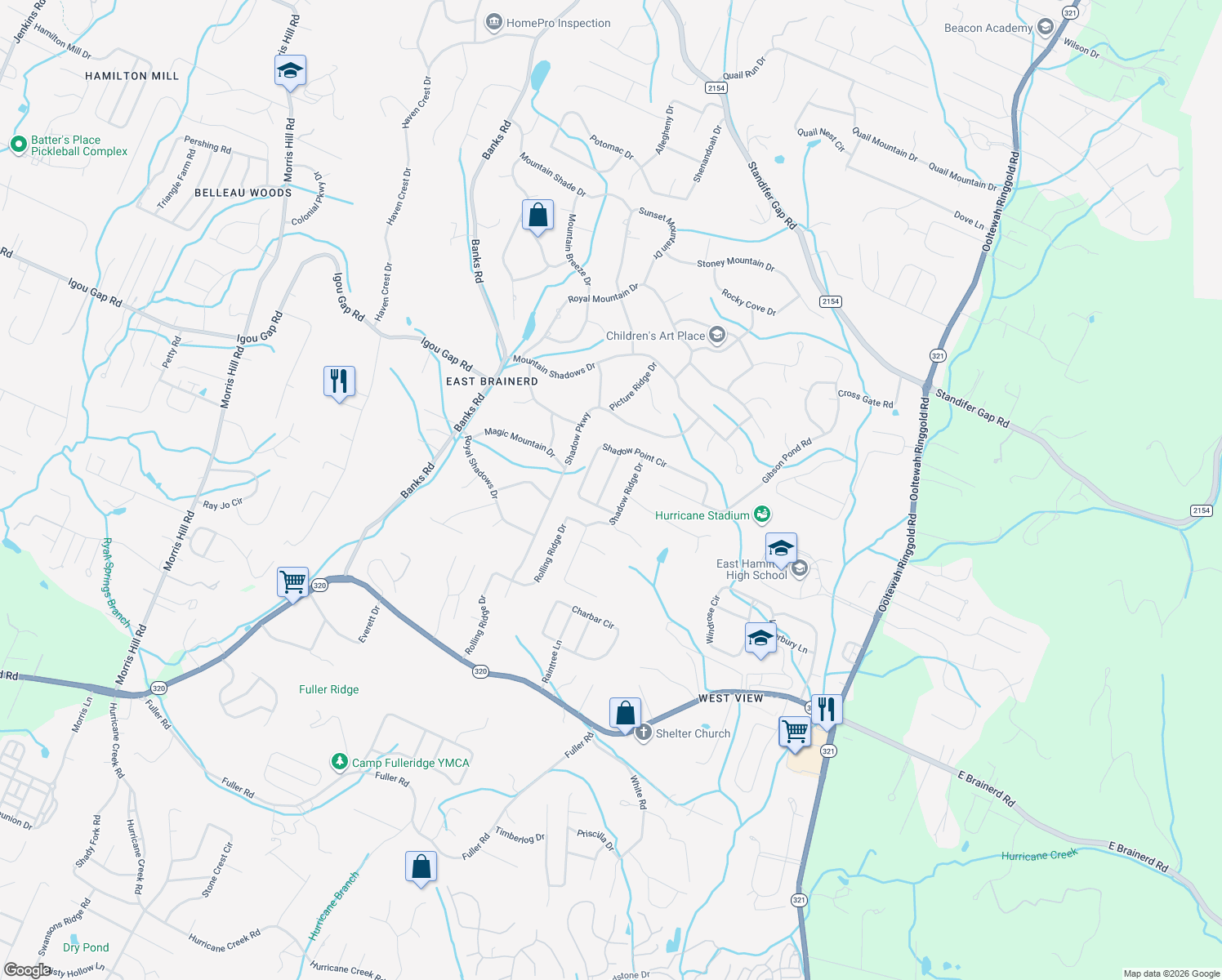 map of restaurants, bars, coffee shops, grocery stores, and more near 306 Shadow Walk Drive in Chattanooga