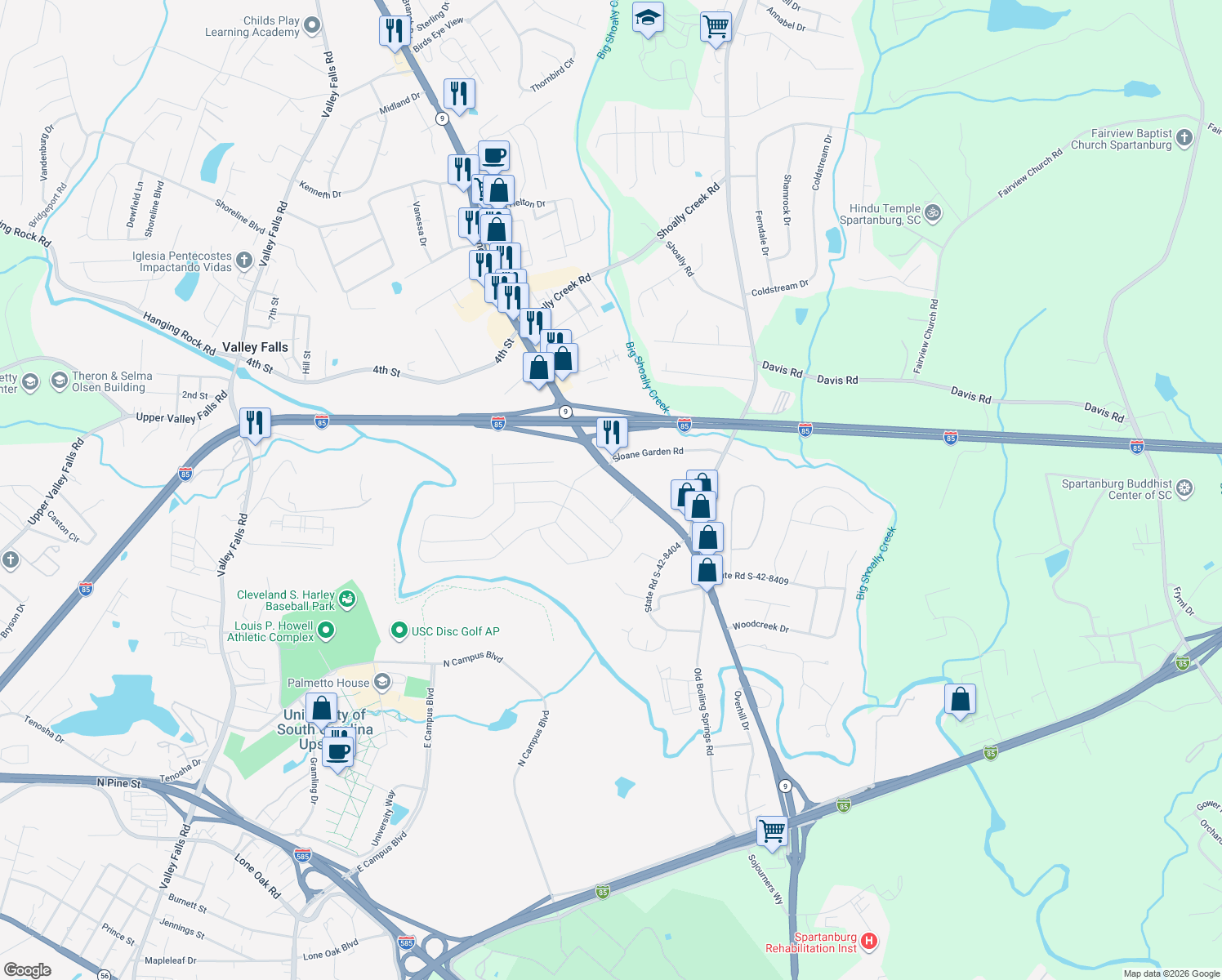 map of restaurants, bars, coffee shops, grocery stores, and more near 1561 Boiling Springs Road in Boiling Springs