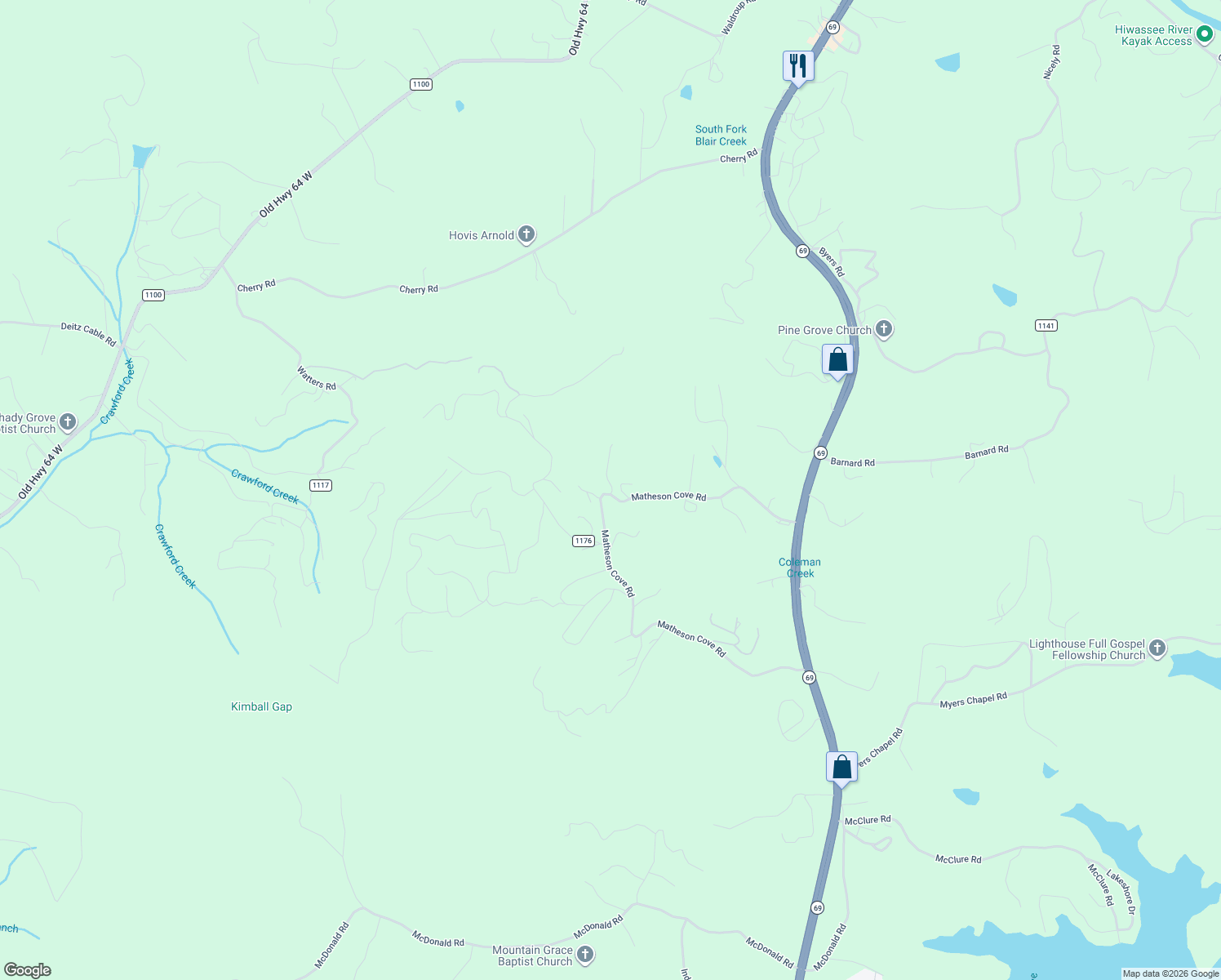 map of restaurants, bars, coffee shops, grocery stores, and more near 676 Matheson Cove Road in Hayesville