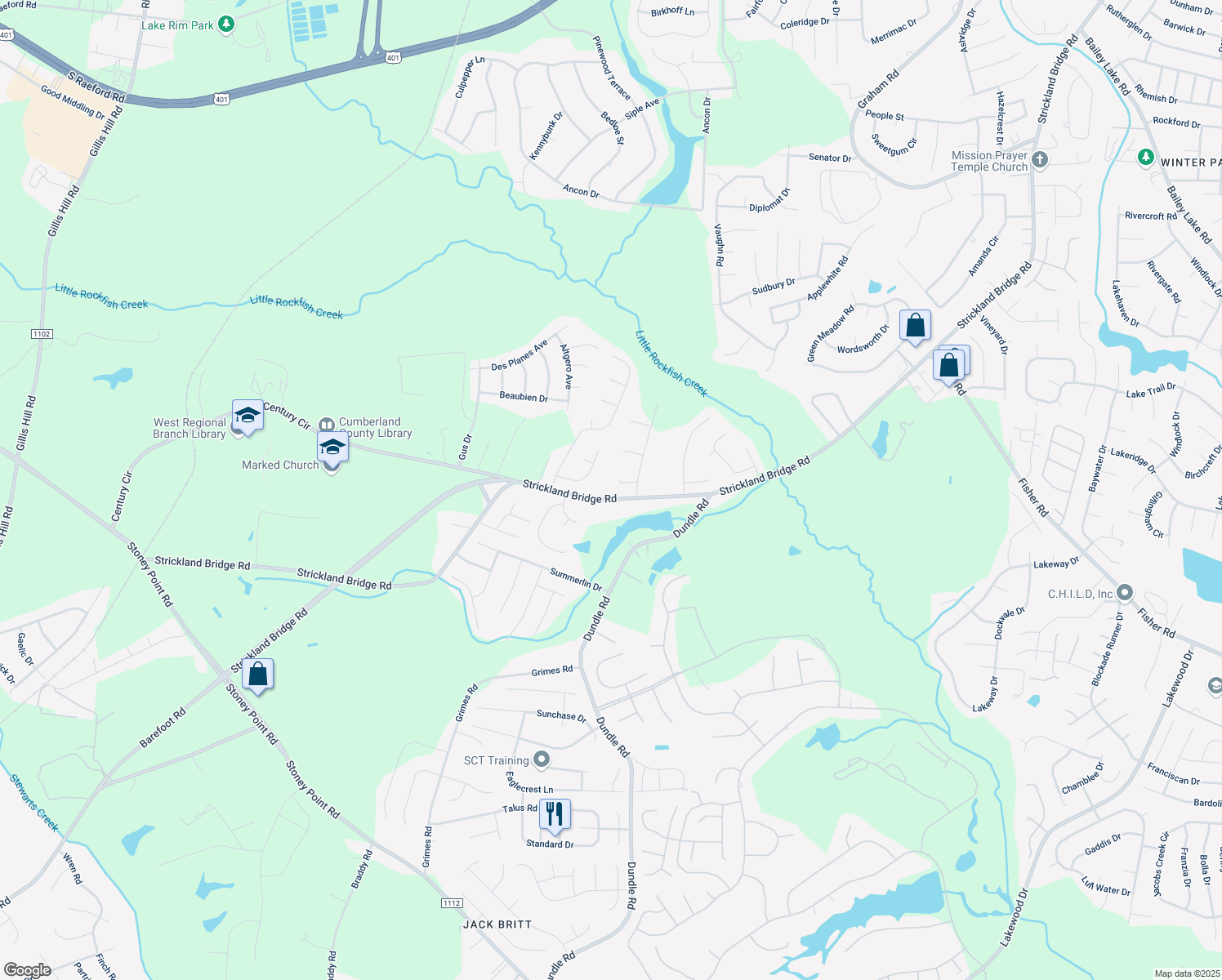 map of restaurants, bars, coffee shops, grocery stores, and more near 6413 Majestic Ct in Fayetteville