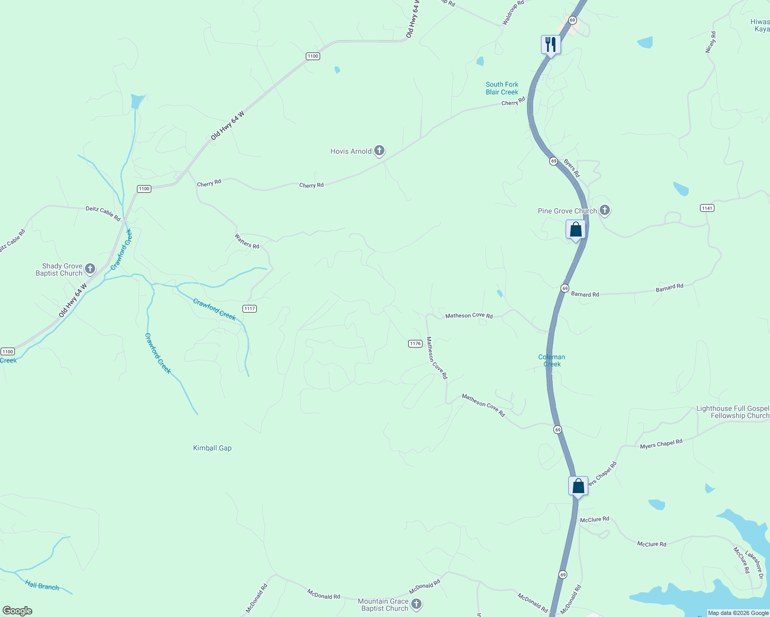 map of restaurants, bars, coffee shops, grocery stores, and more near 320 Wikle Road in Hayesville