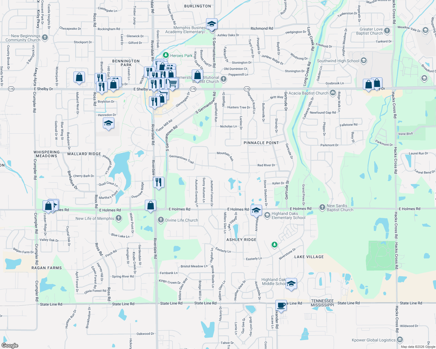 map of restaurants, bars, coffee shops, grocery stores, and more near 7255 Germantown Trail in Memphis