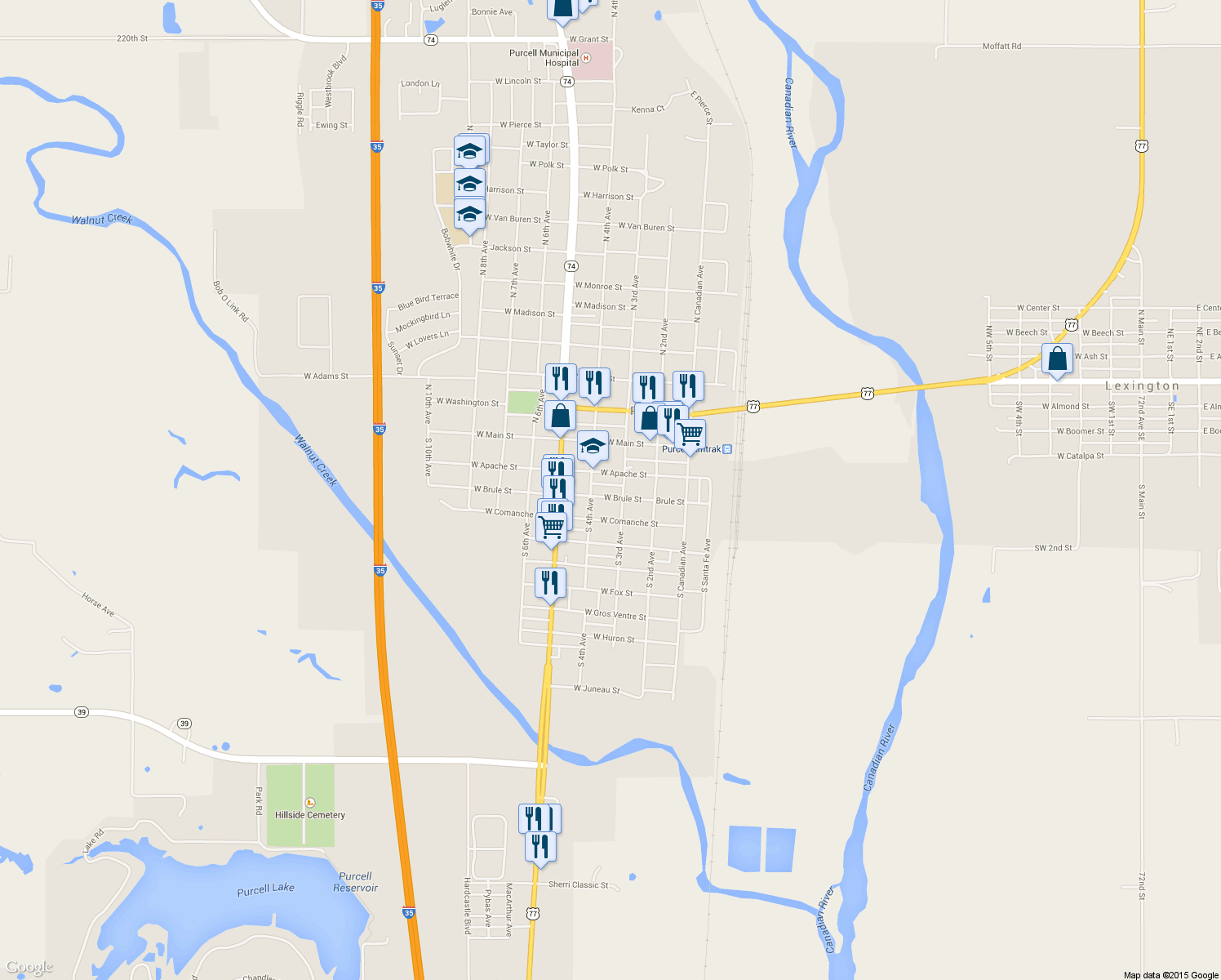 map of restaurants, bars, coffee shops, grocery stores, and more near 311 West Brule Street in Purcell