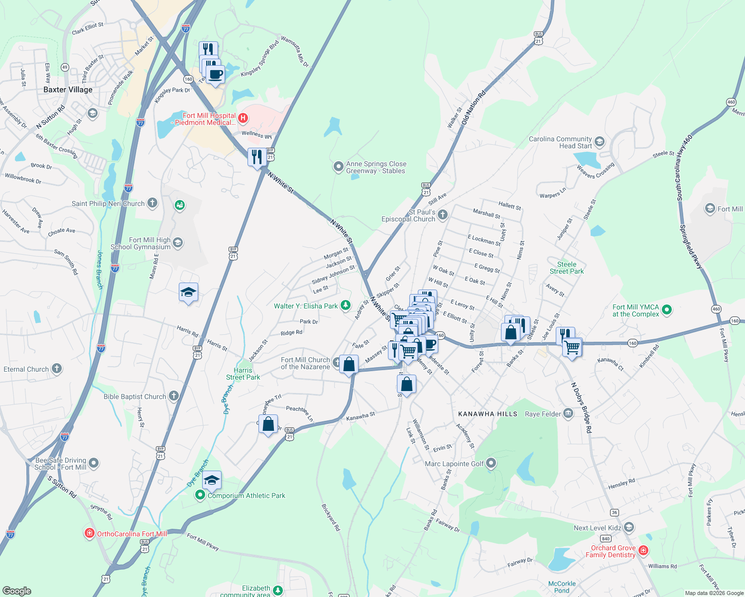 map of restaurants, bars, coffee shops, grocery stores, and more near N White St & Skipper St in Fort Mill