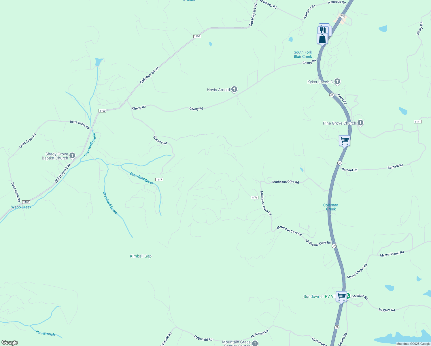 map of restaurants, bars, coffee shops, grocery stores, and more near 575 Longview Drive in Hayesville