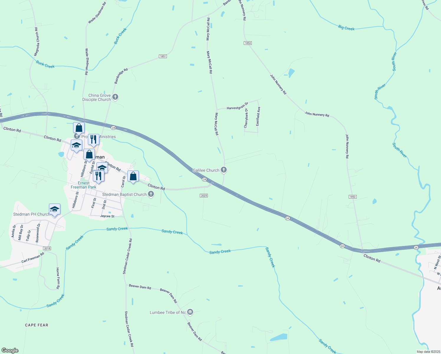 map of restaurants, bars, coffee shops, grocery stores, and more near 147 Mary McCall Road in Stedman