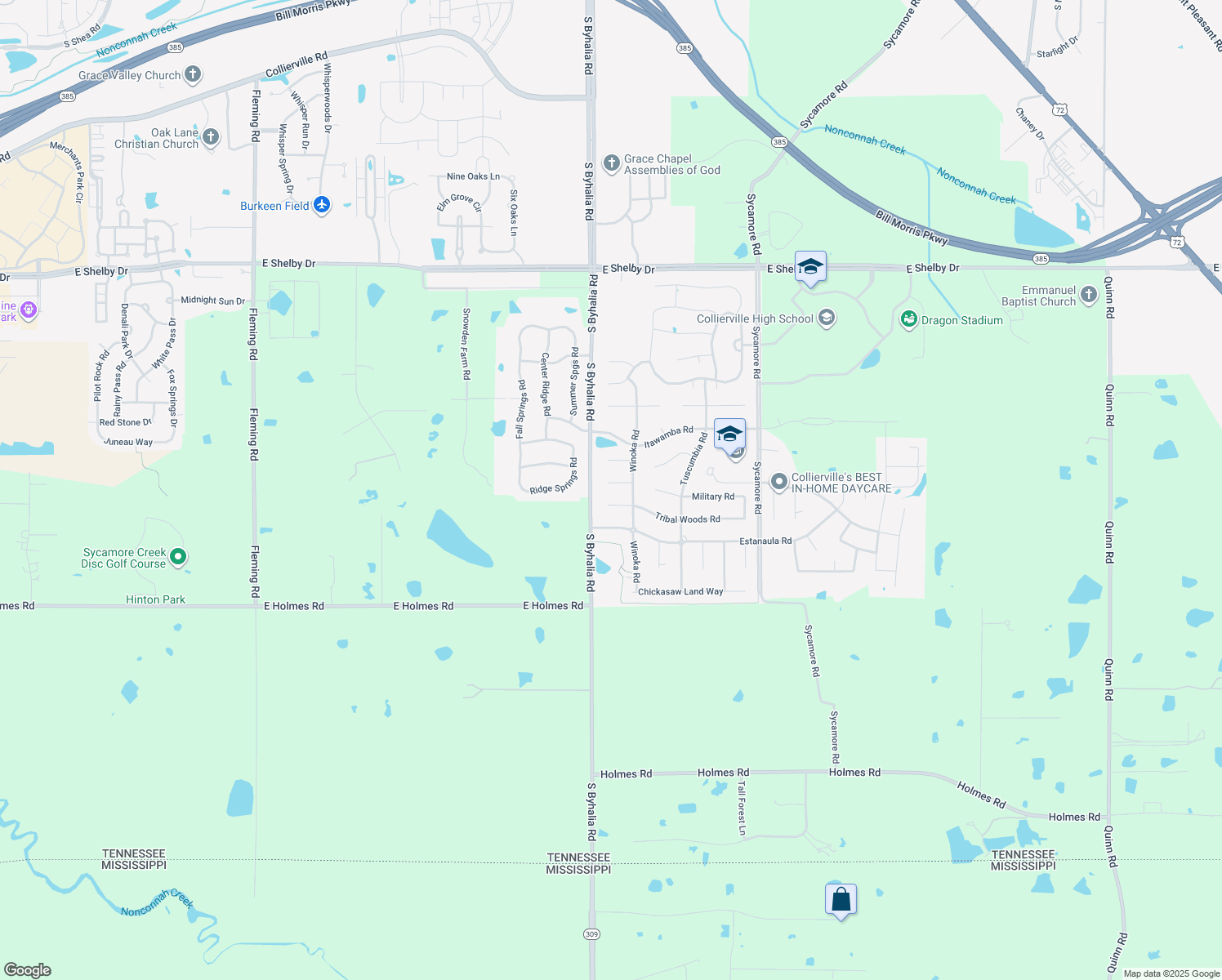 map of restaurants, bars, coffee shops, grocery stores, and more near 543 Tribal Land Cove in Collierville