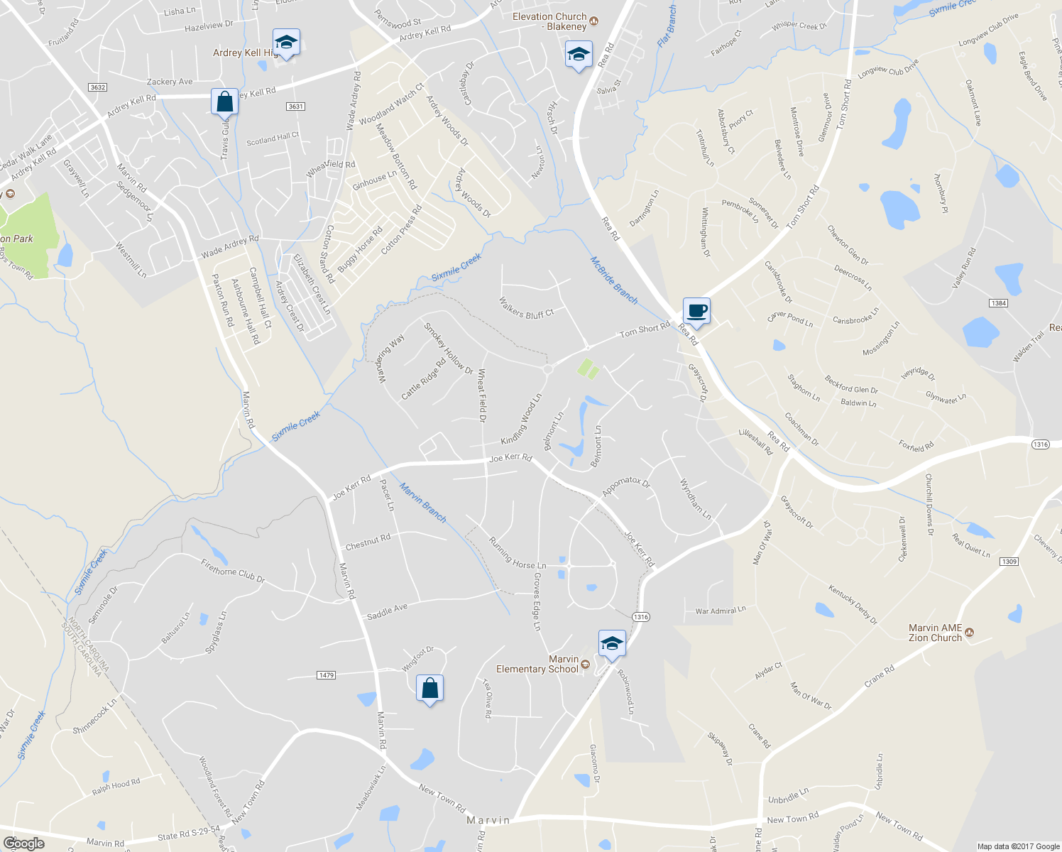 map of restaurants, bars, coffee shops, grocery stores, and more near 328 Kindling Wood Lane in Waxhaw