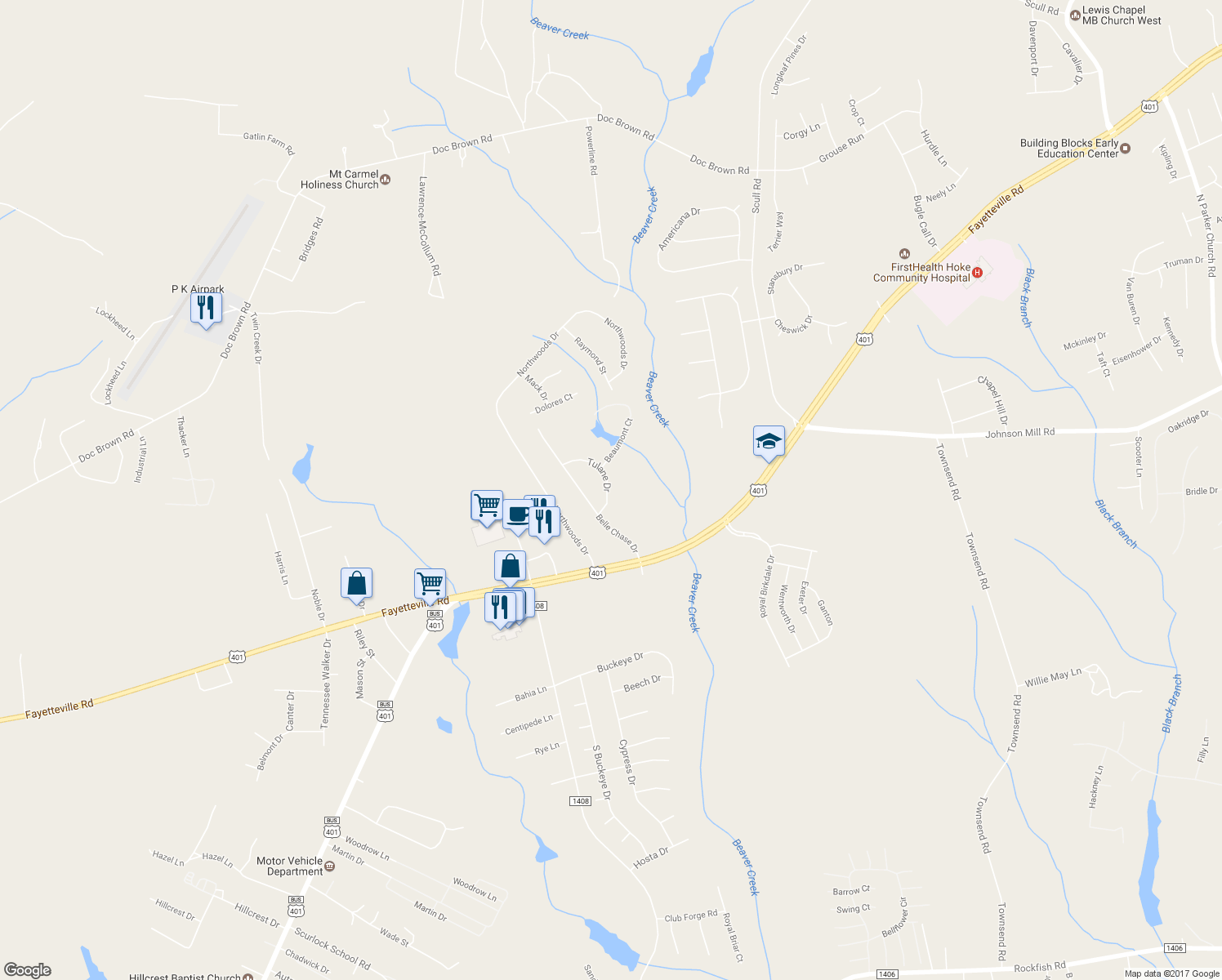 map of restaurants, bars, coffee shops, grocery stores, and more near 130 Tulane Drive in Raeford