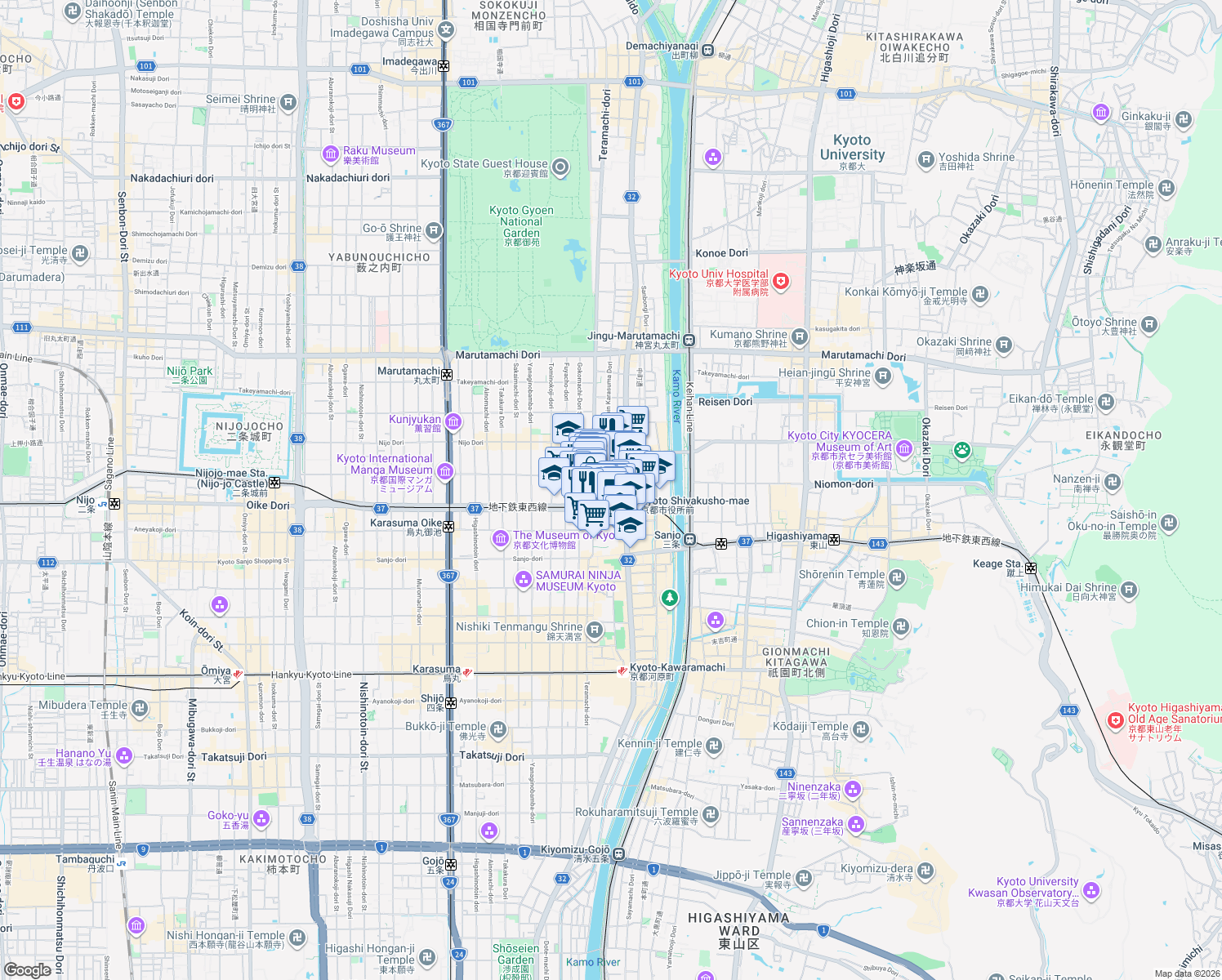 map of restaurants, bars, coffee shops, grocery stores, and more near in Kyoto