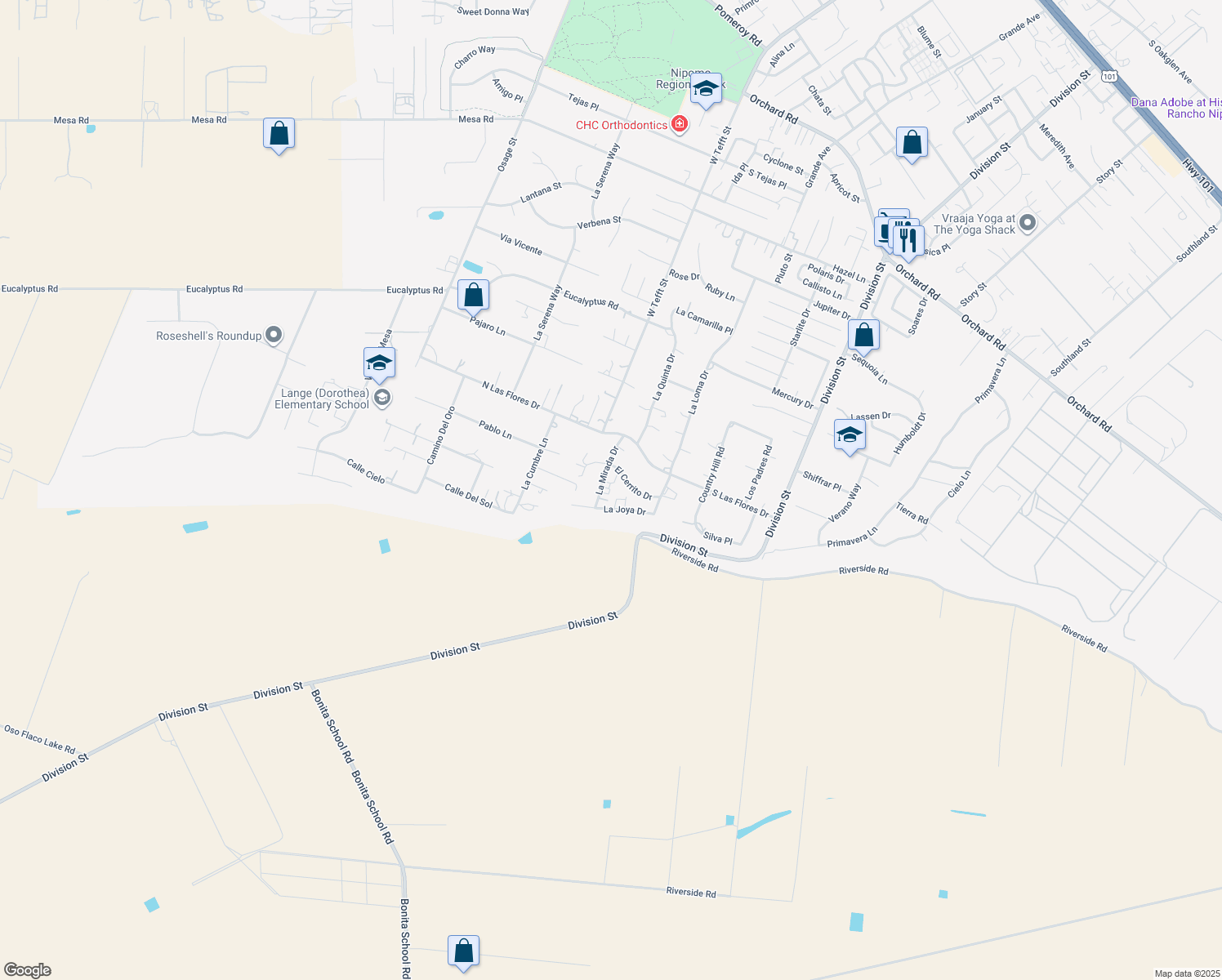 map of restaurants, bars, coffee shops, grocery stores, and more near 1687 La Mirada Drive in Nipomo