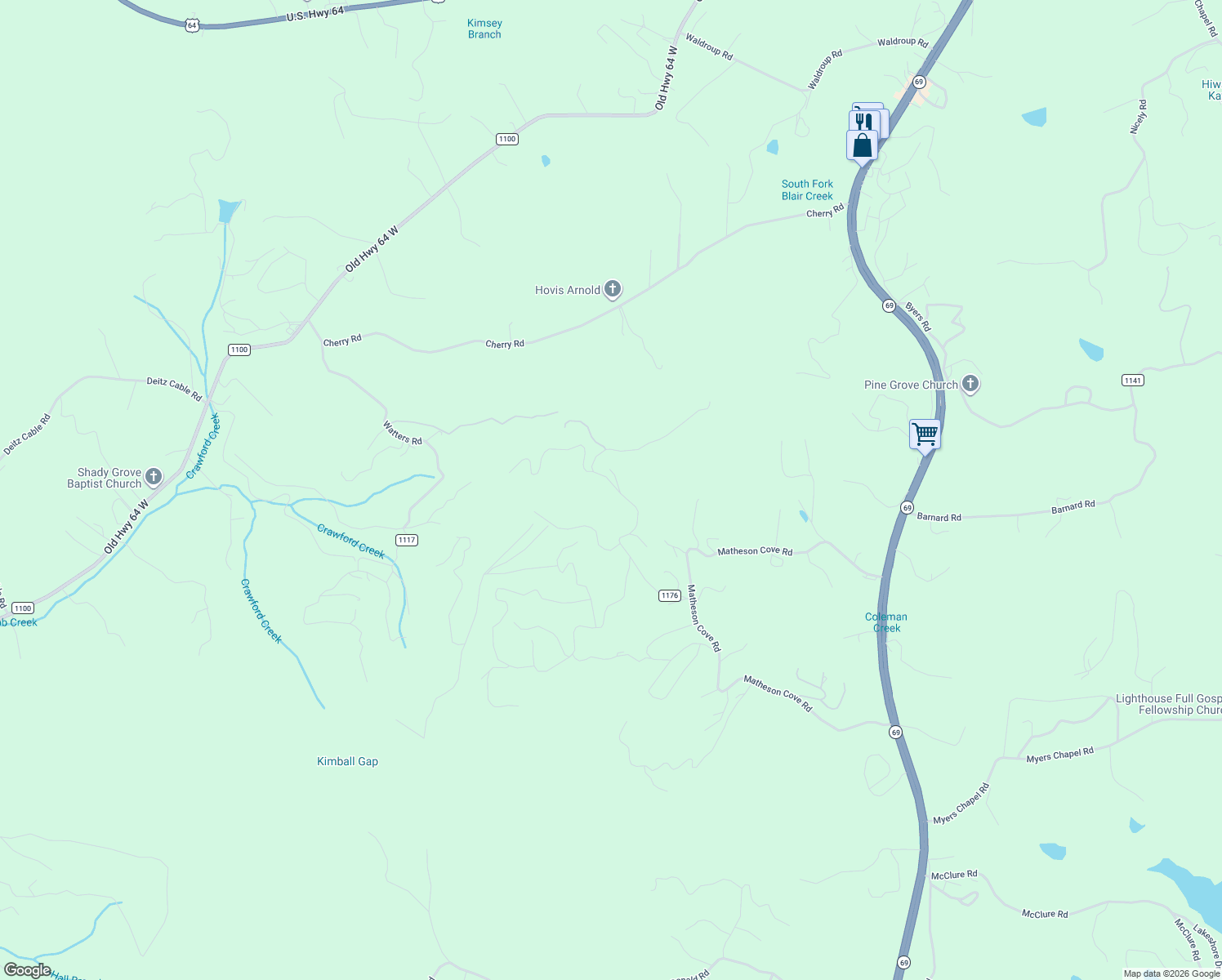 map of restaurants, bars, coffee shops, grocery stores, and more near 531 Wikle Road in Hayesville