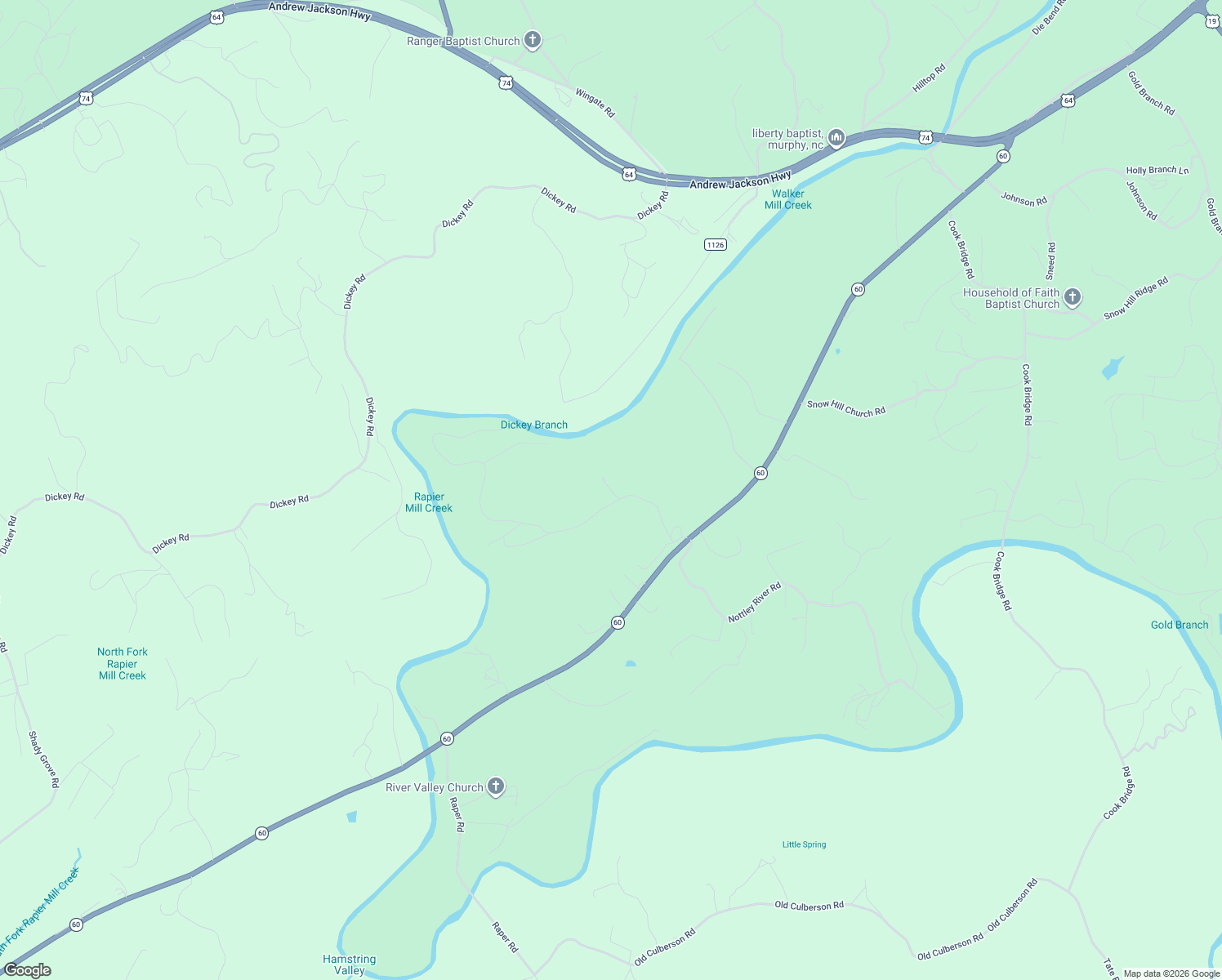 map of restaurants, bars, coffee shops, grocery stores, and more near 58 Rainy Farm Road in Murphy