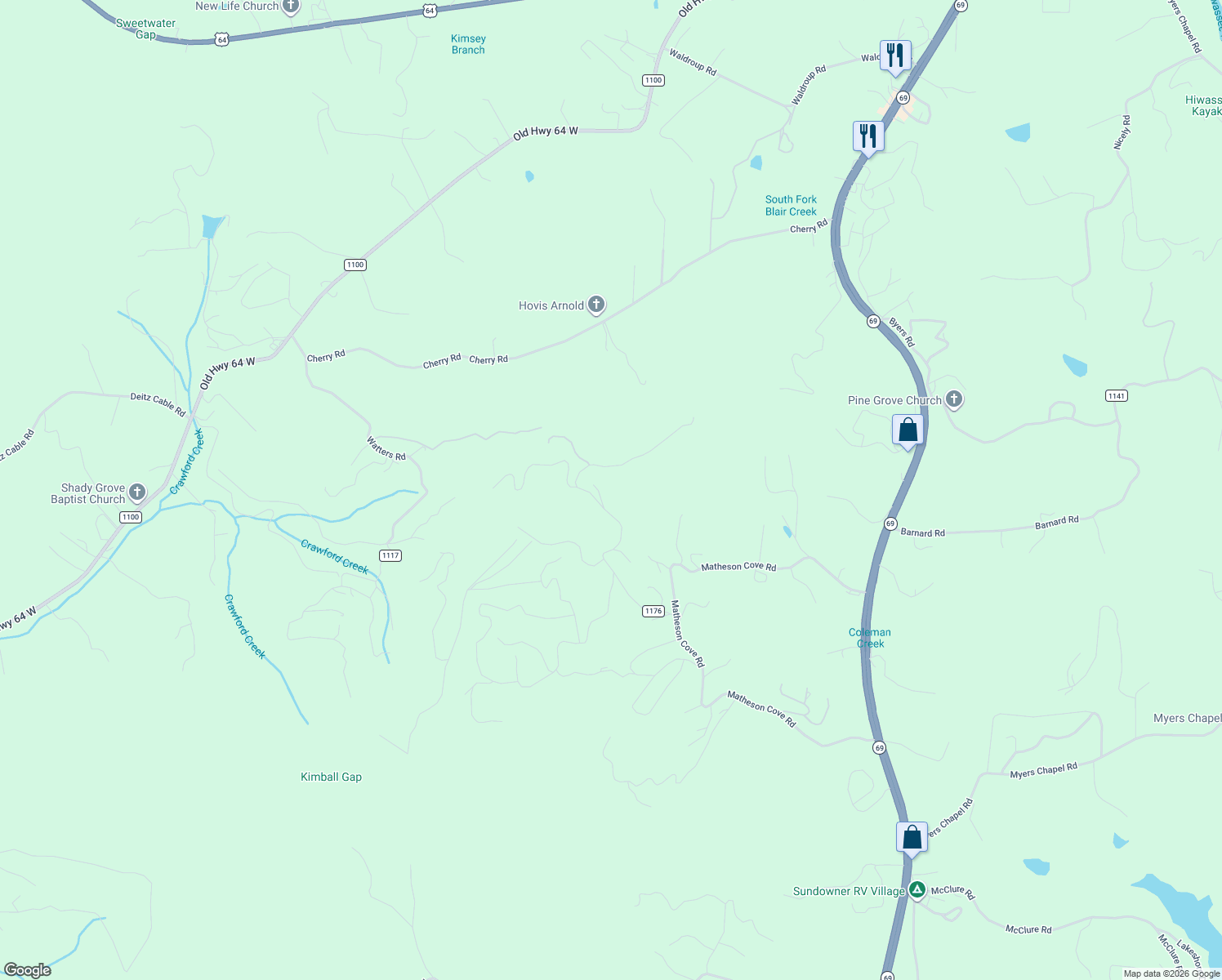 map of restaurants, bars, coffee shops, grocery stores, and more near 754 Wikle Road in Hayesville