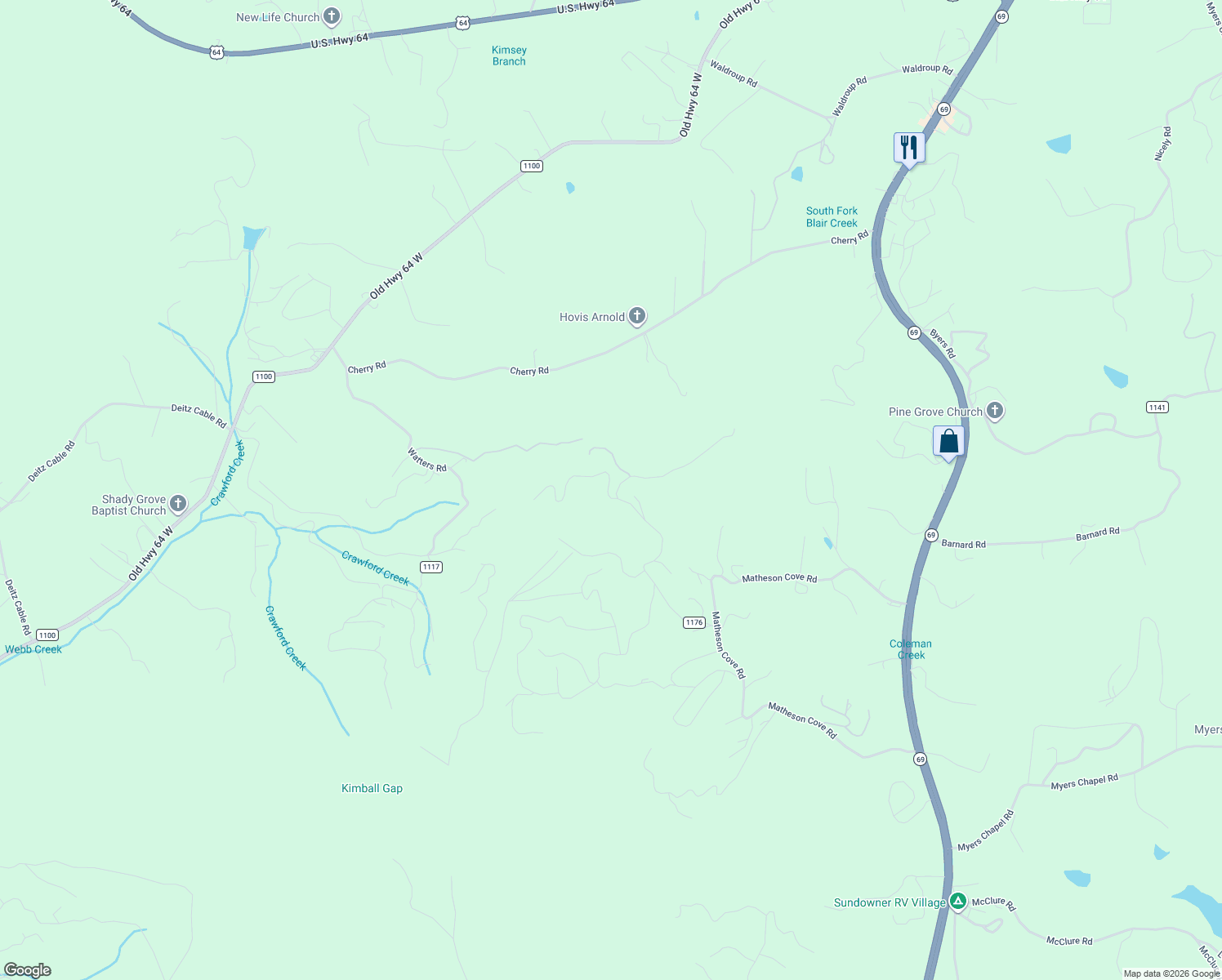 map of restaurants, bars, coffee shops, grocery stores, and more near 72 Longview Drive in Hayesville