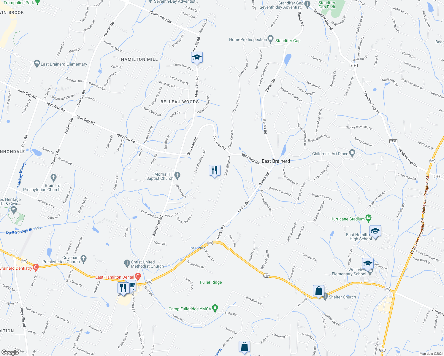 map of restaurants, bars, coffee shops, grocery stores, and more near 1831 Julian Ridge Road in Chattanooga