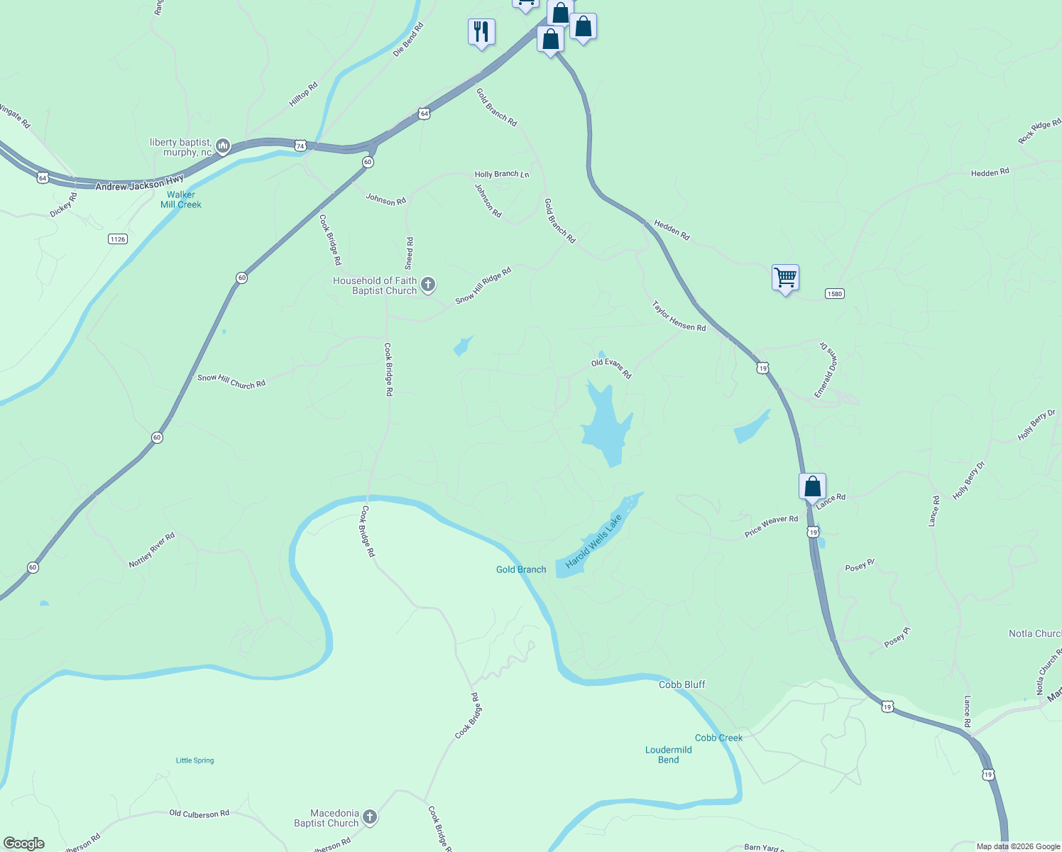 map of restaurants, bars, coffee shops, grocery stores, and more near 728 Old Evans Road in Murphy