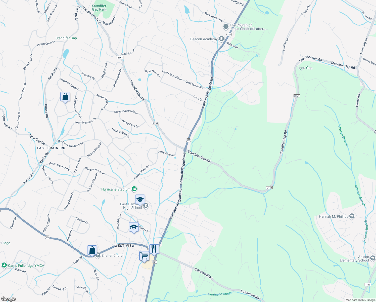 map of restaurants, bars, coffee shops, grocery stores, and more near 9208 Standifer Gap Road in Ooltewah