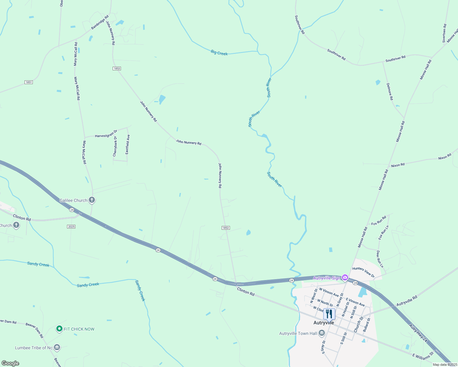 map of restaurants, bars, coffee shops, grocery stores, and more near 596 John Nunnery Road in Stedman