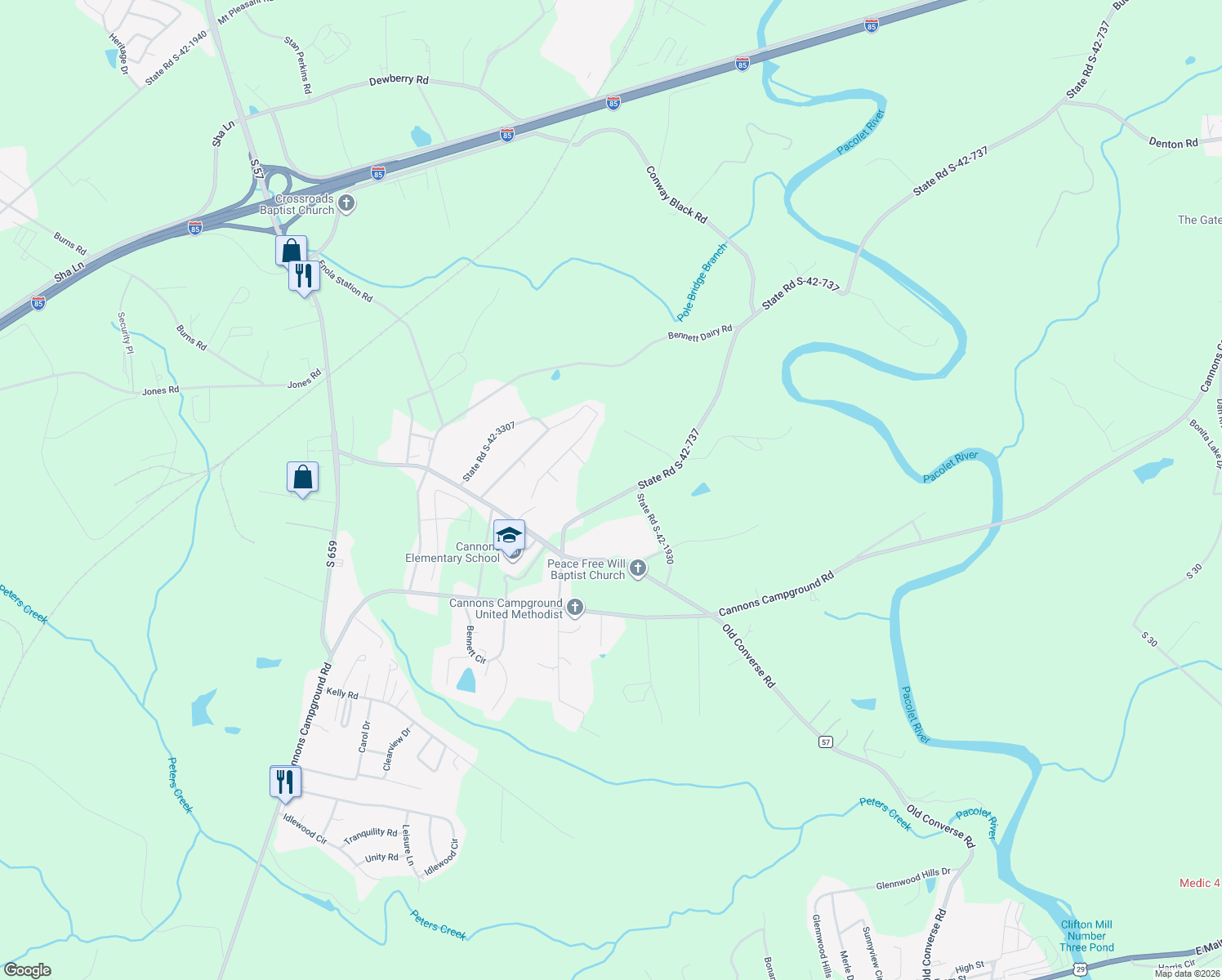 map of restaurants, bars, coffee shops, grocery stores, and more near 1932 Bud Arthur Bridge Road in Spartanburg