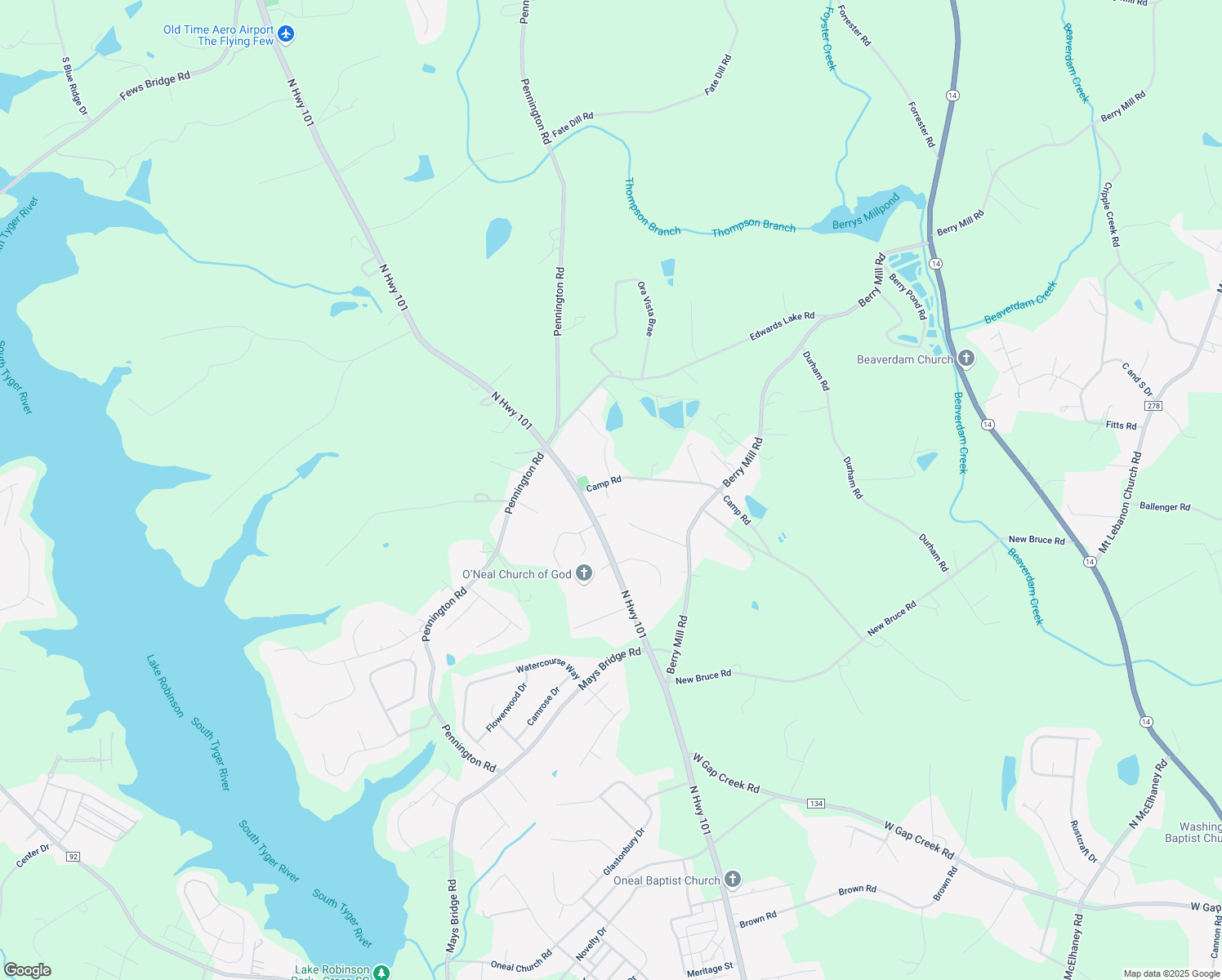 map of restaurants, bars, coffee shops, grocery stores, and more near 3849 Camp Road in Greer