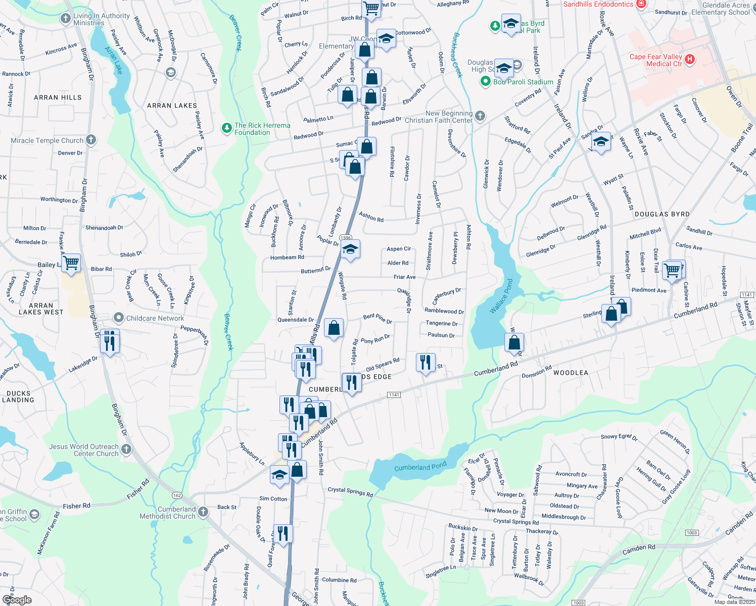 map of restaurants, bars, coffee shops, grocery stores, and more near 2104 Tunis Ct in Fayetteville