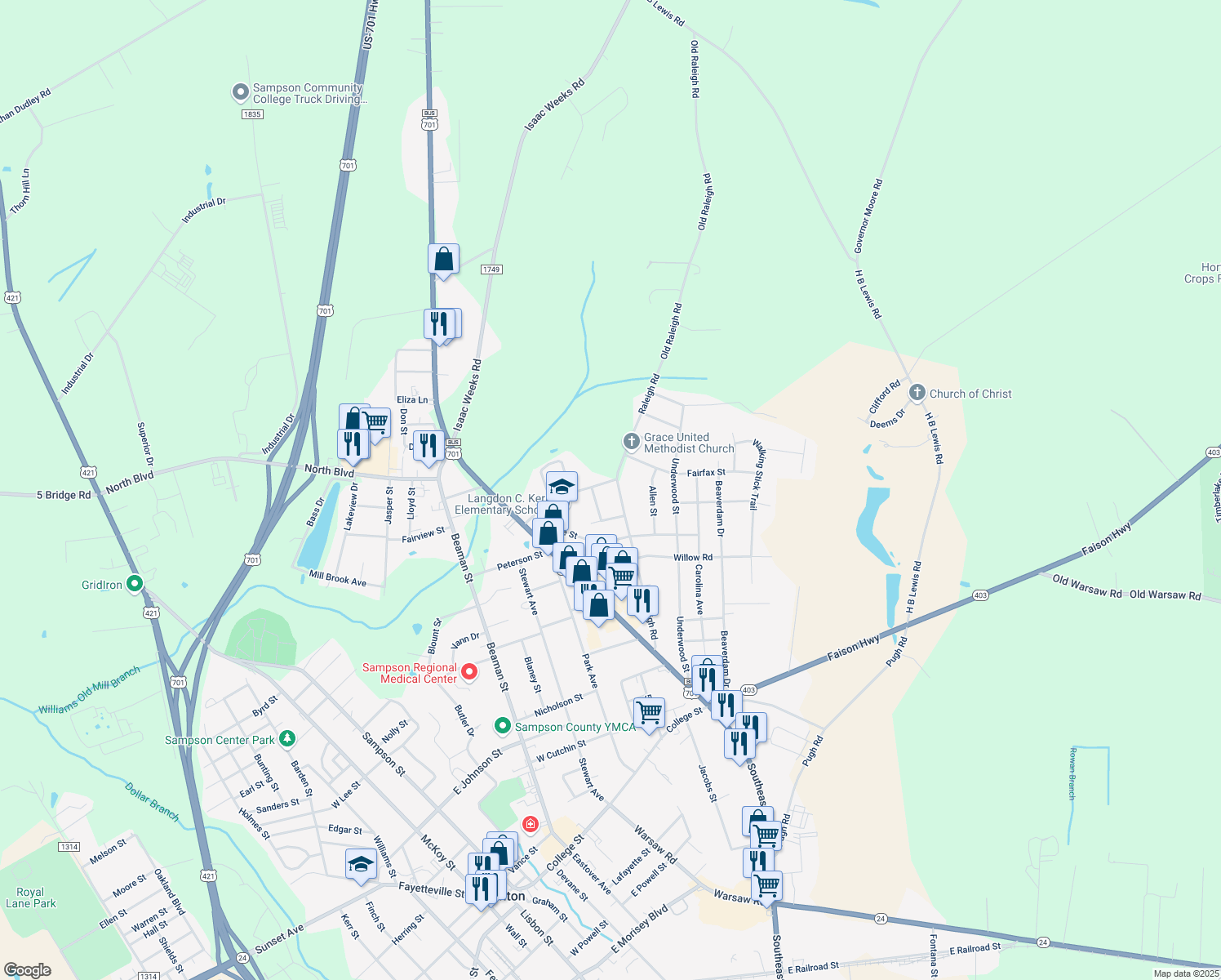map of restaurants, bars, coffee shops, grocery stores, and more near 1011 Raleigh Road in Clinton