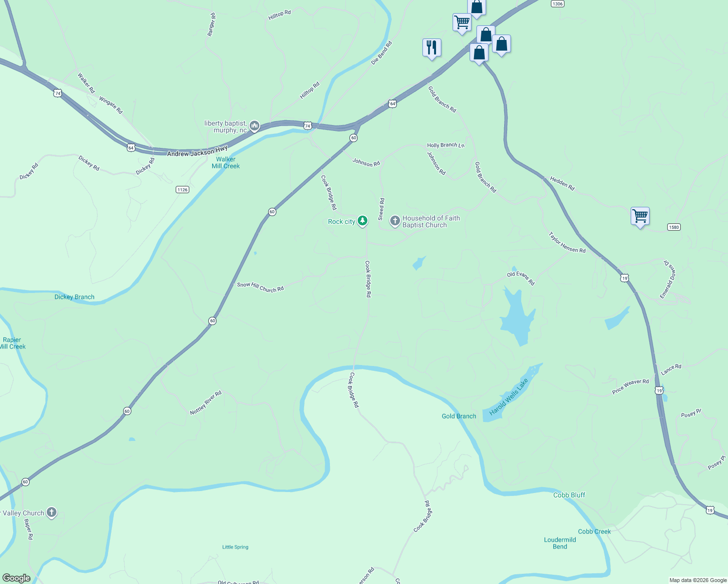 map of restaurants, bars, coffee shops, grocery stores, and more near 630 Cook Bridge Road in Murphy