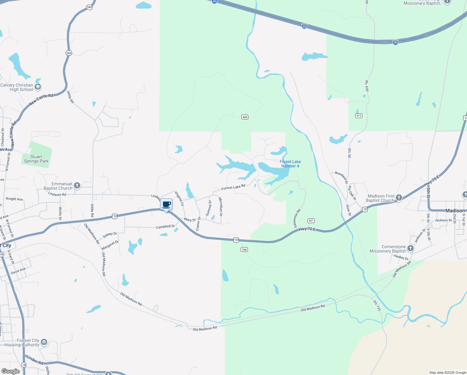 map of restaurants, bars, coffee shops, grocery stores, and more near 3013 Forrest Lake Road in Forrest City