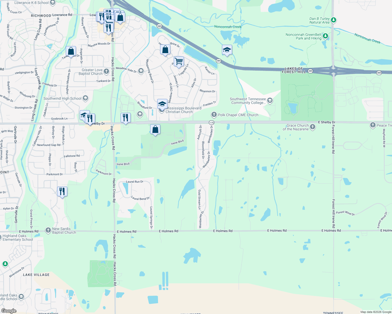 map of restaurants, bars, coffee shops, grocery stores, and more near 4851 Ashcroft Drive in Memphis