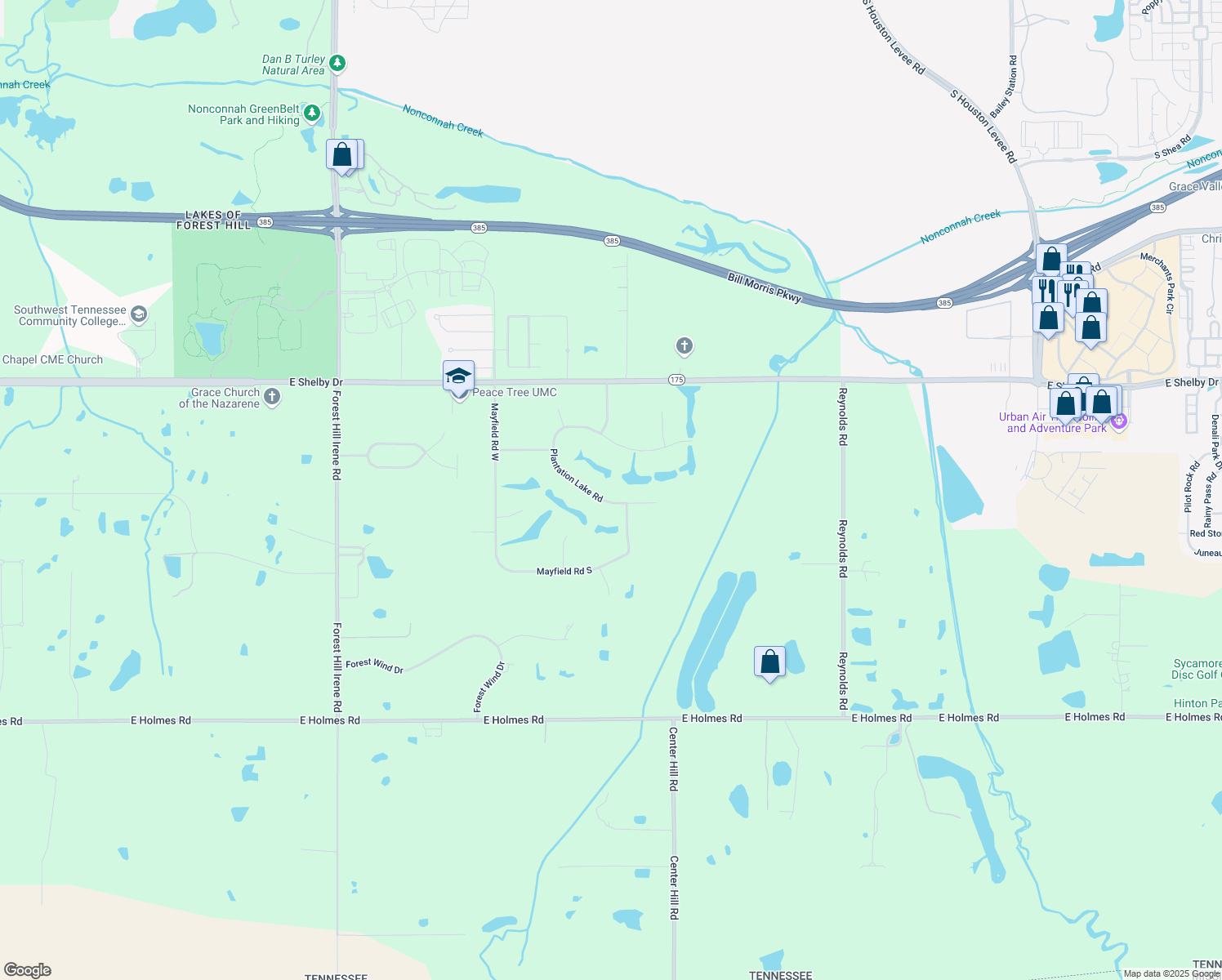 map of restaurants, bars, coffee shops, grocery stores, and more near 9560 Plantation Lake Rd in Collierville