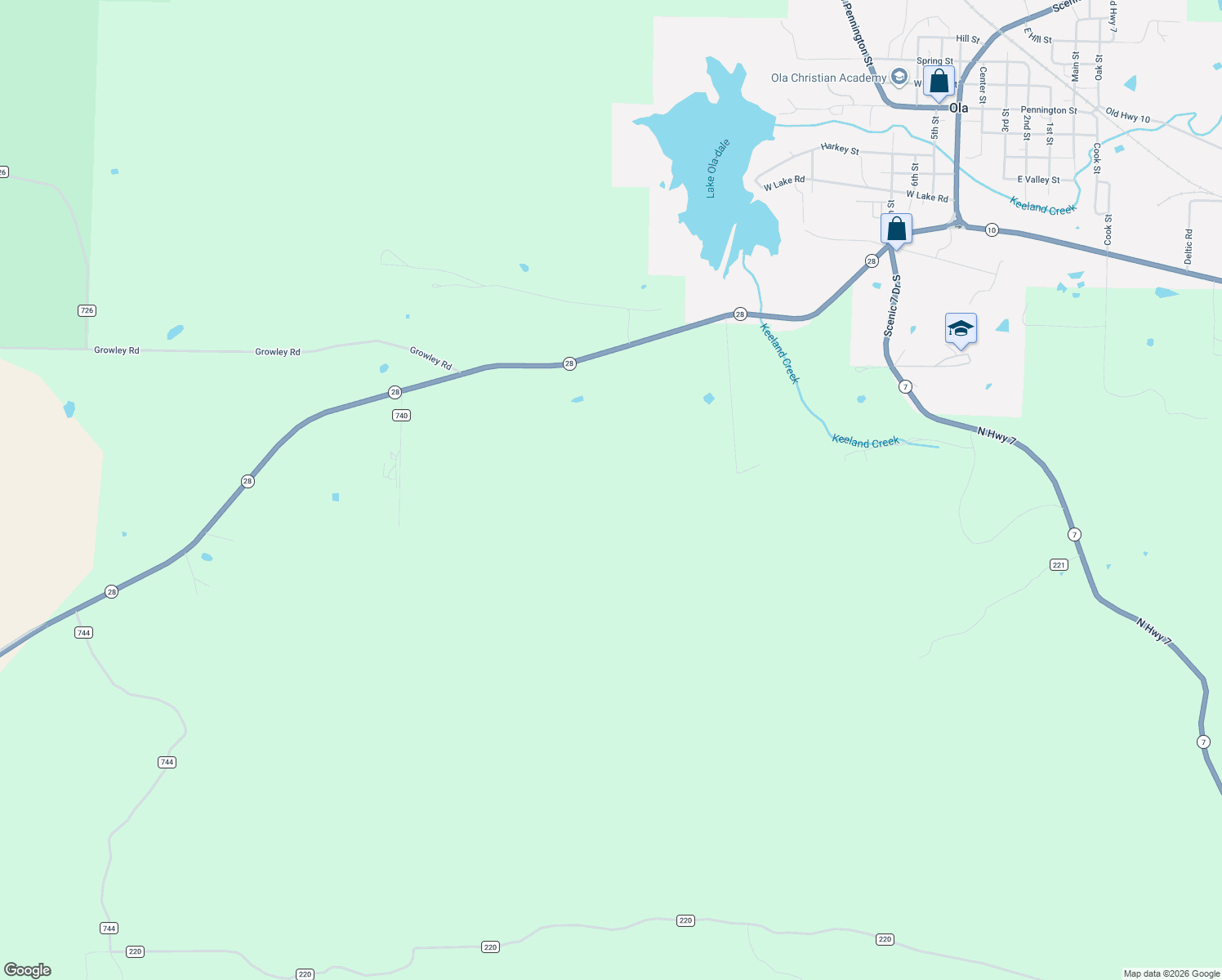map of restaurants, bars, coffee shops, grocery stores, and more near Highway 28 in Ola