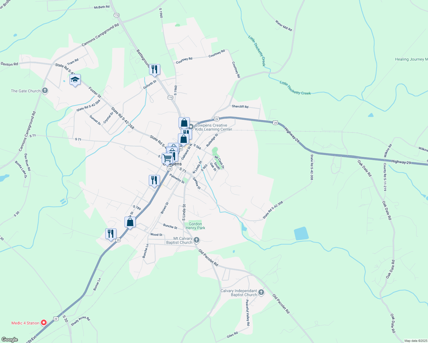 map of restaurants, bars, coffee shops, grocery stores, and more near 120 Oak St in Cowpens