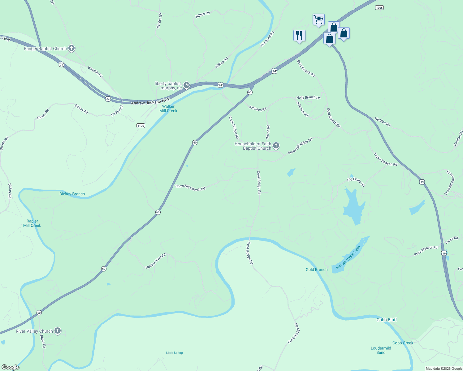 map of restaurants, bars, coffee shops, grocery stores, and more near 7 Blueberry Lane in Murphy